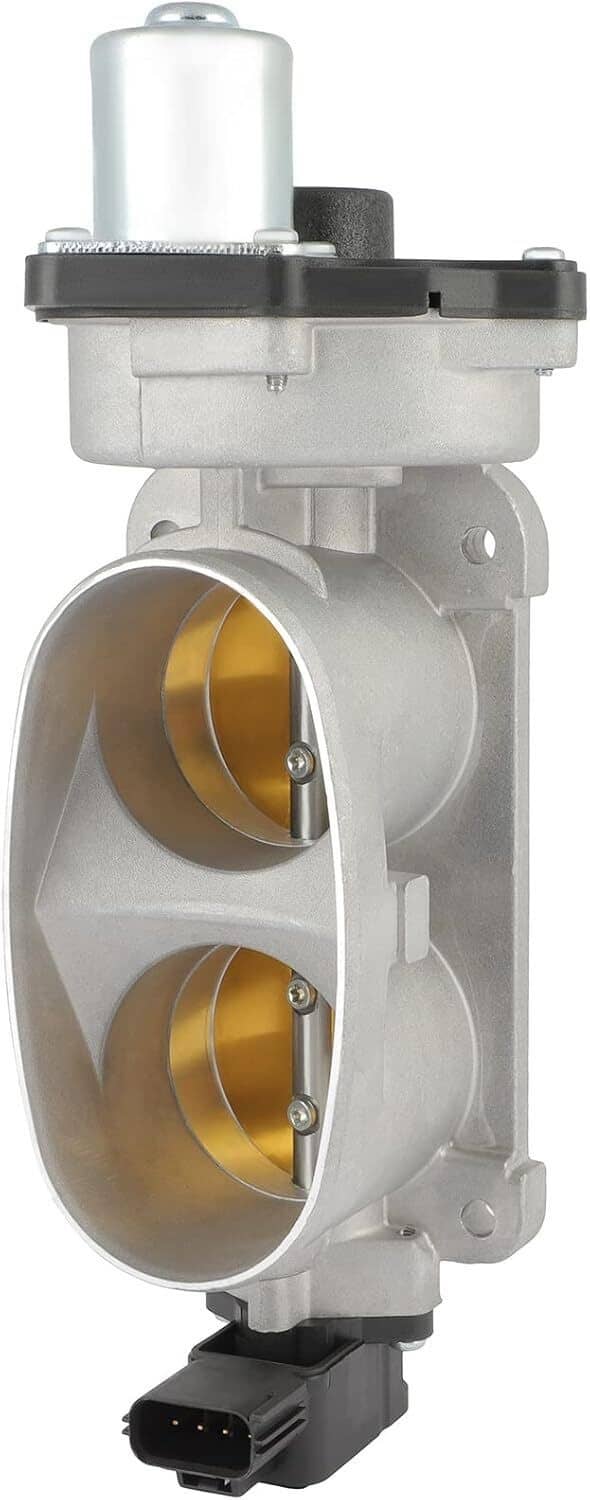 Throttle body with two gold throttle bores, silver casting, and black electrical connector