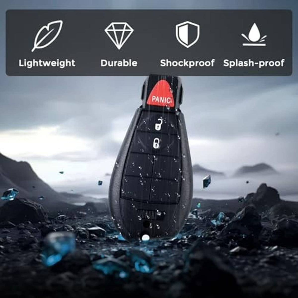 Black key fob cover with red PANIC button and security feature icons