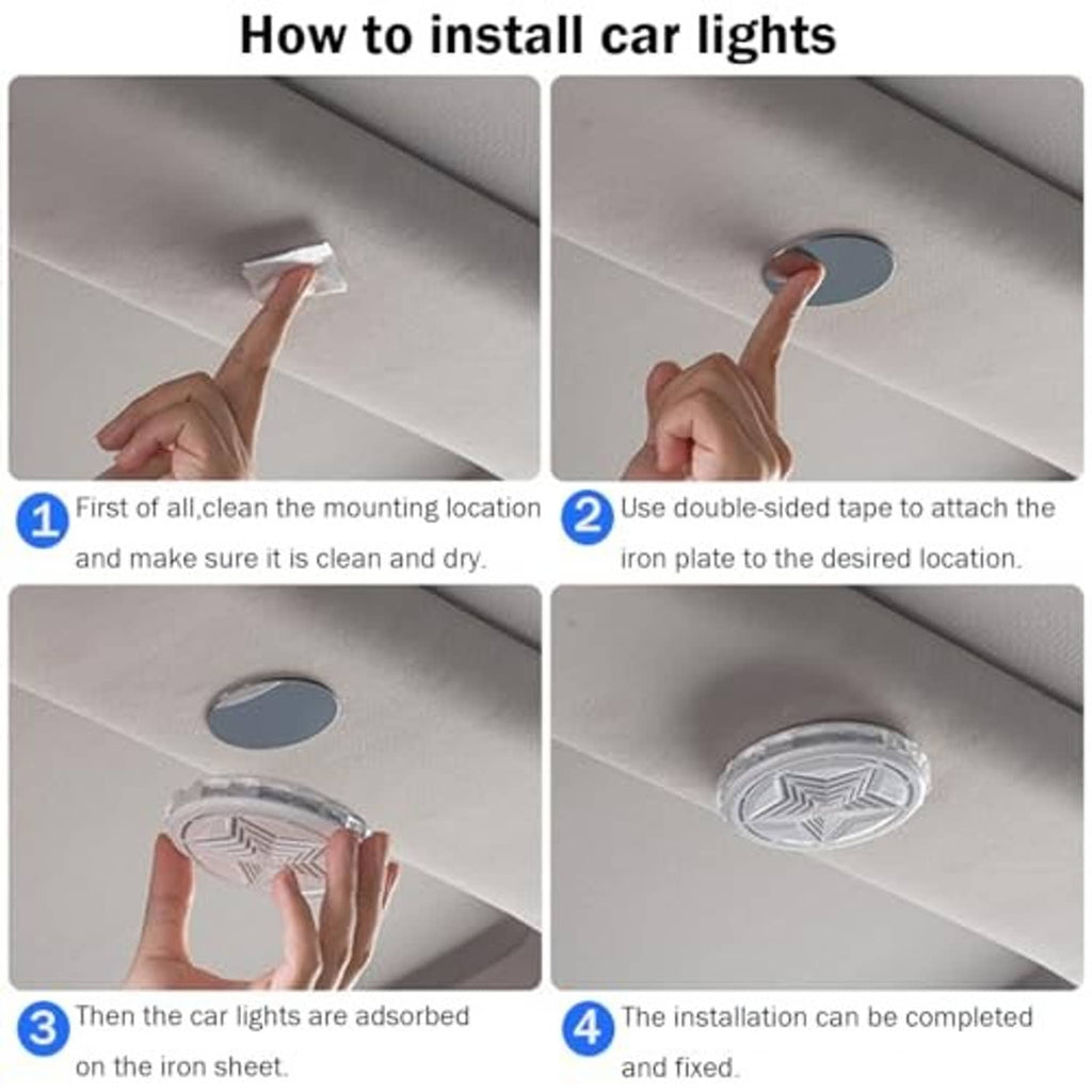 Round magnetic car ceiling LED light shown being attached to the car roof