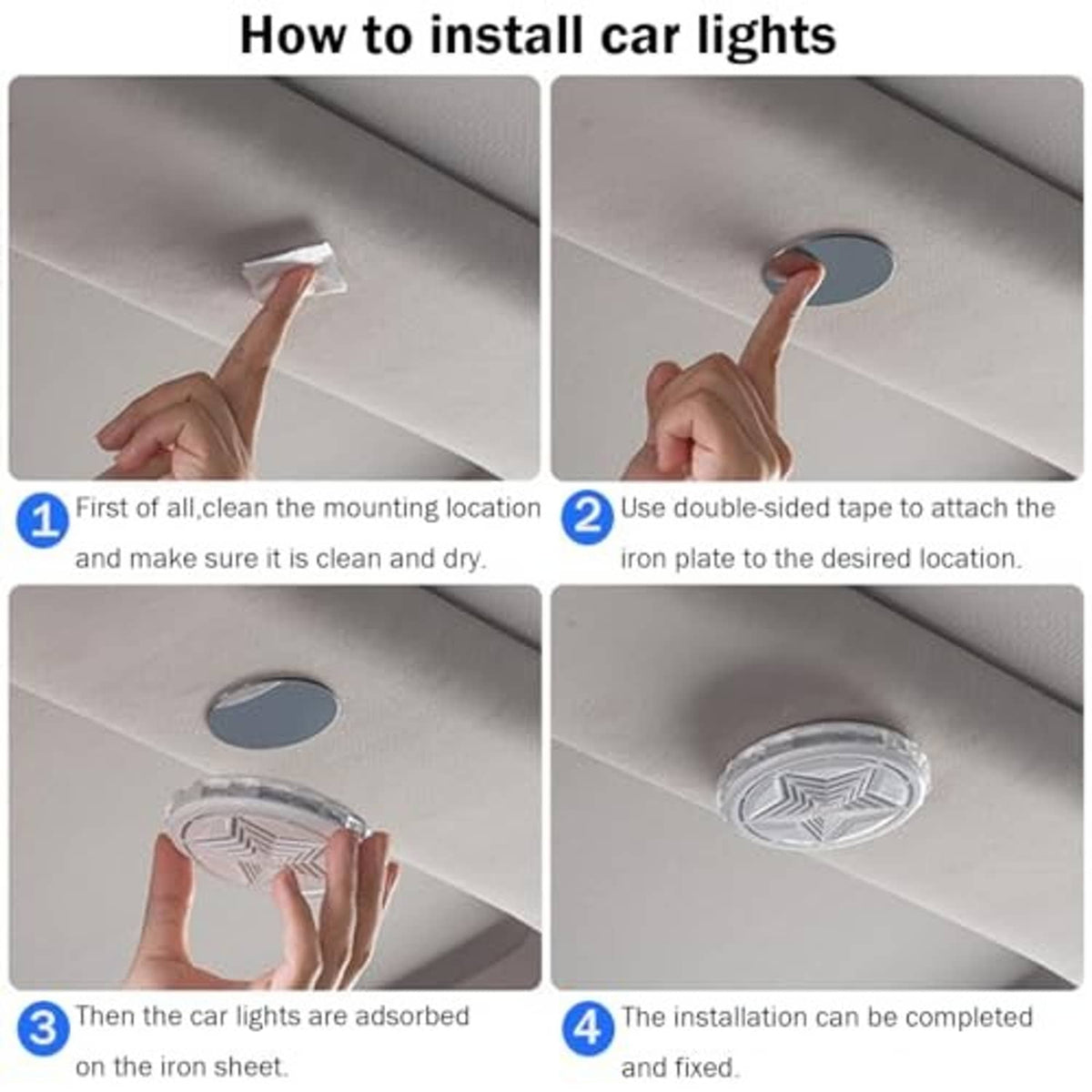 Round magnetic car ceiling LED light shown being attached to the car roof