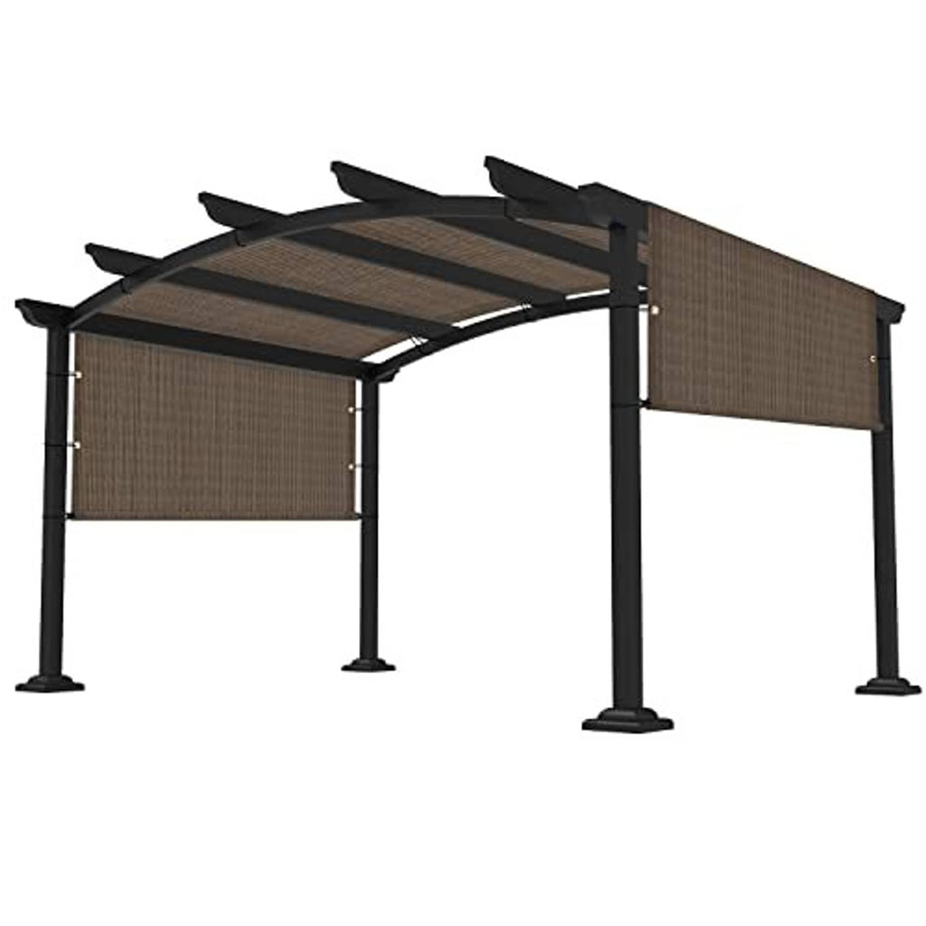 Brown pergola canopy replacement cover with black metal posts and slatted side panels