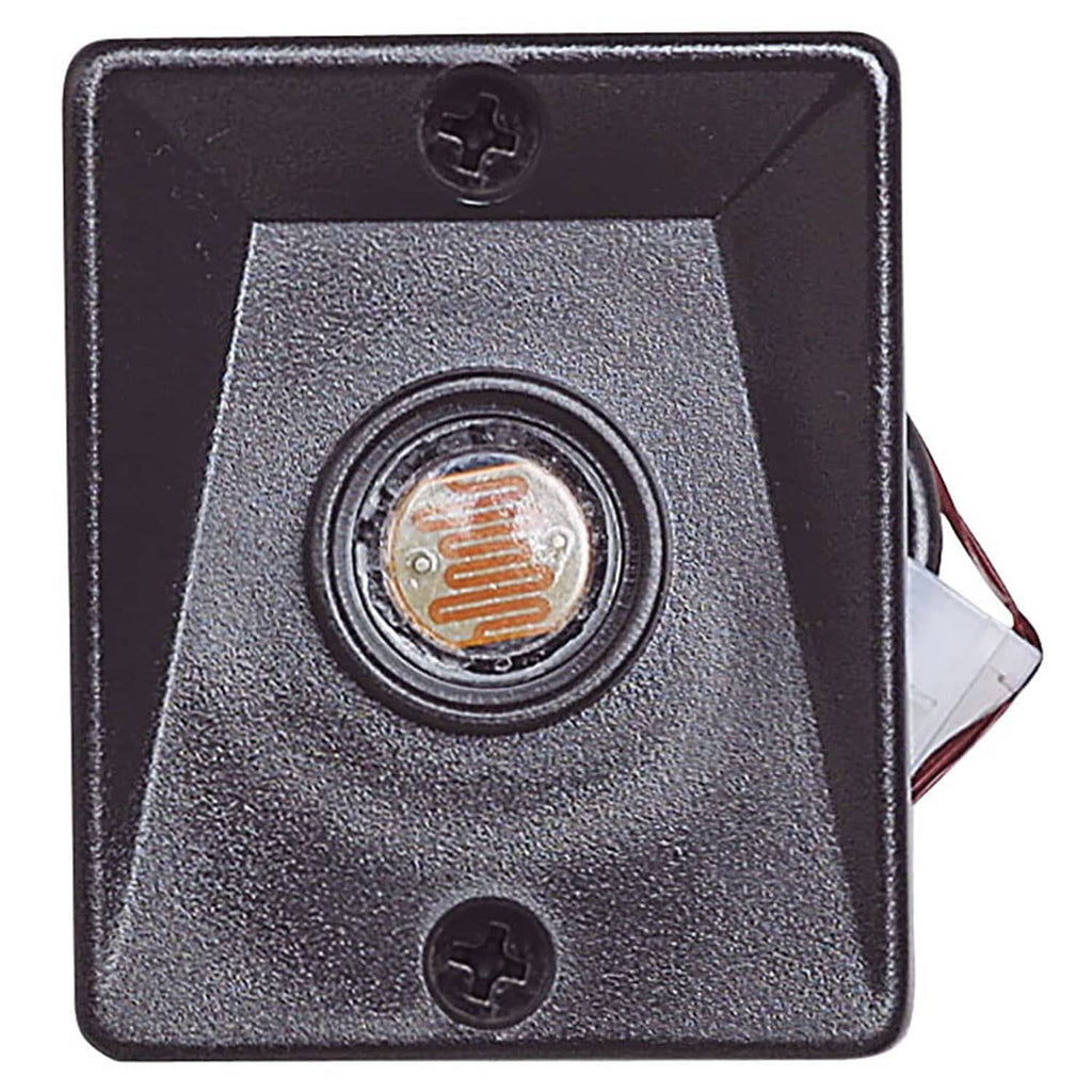 Dusk-to-dawn outlet sensor, black square housing with circular photo sensor lens
