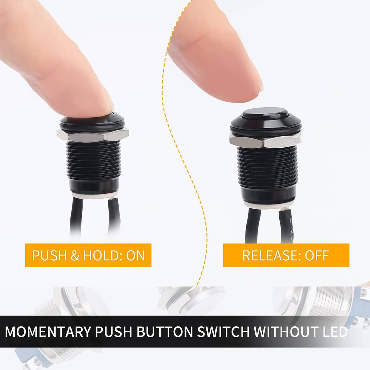 Momentary push button switch with black cap and threaded base, press on/off shown