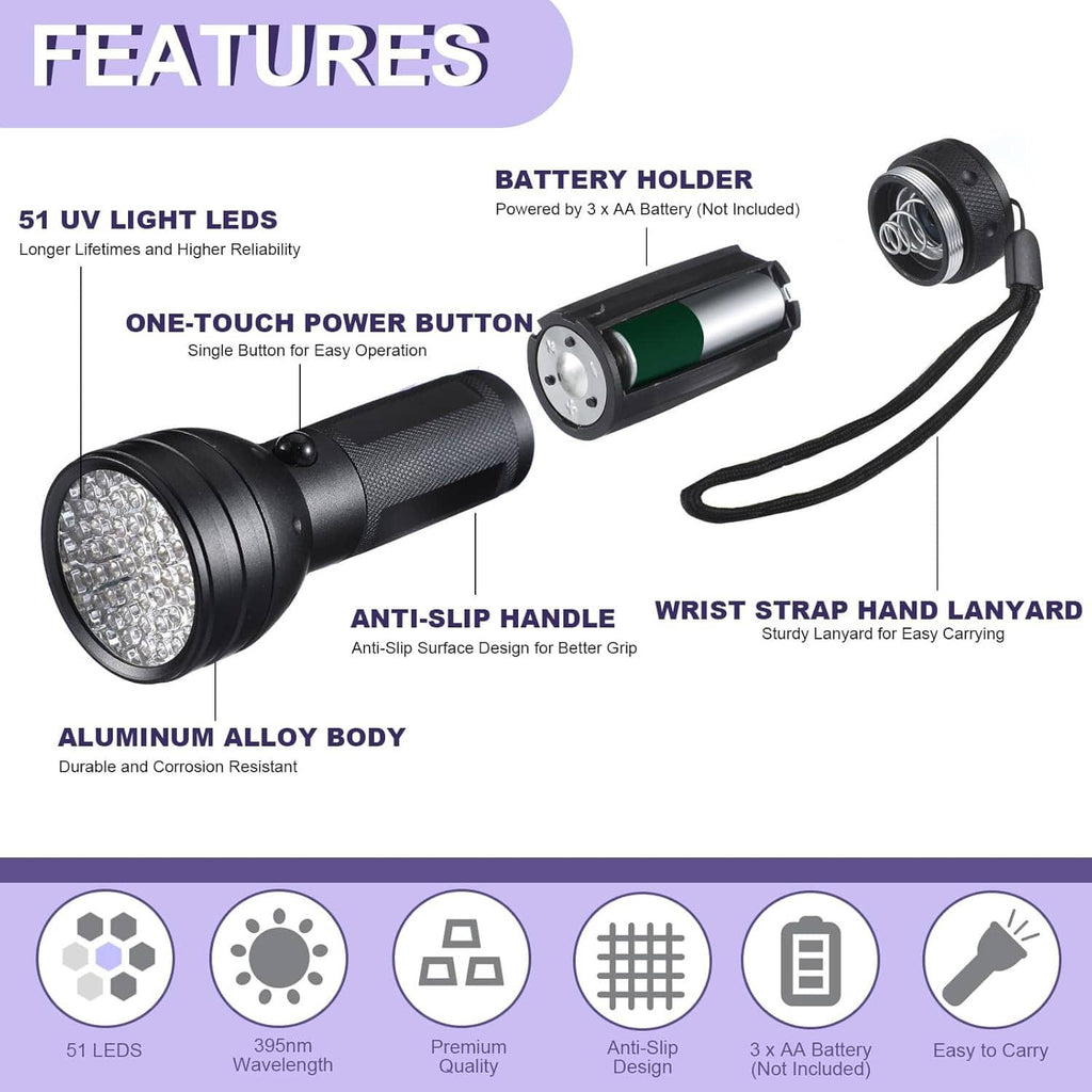 Black UV LED flashlight with one-touch button, anti-slip grip, and wrist strap