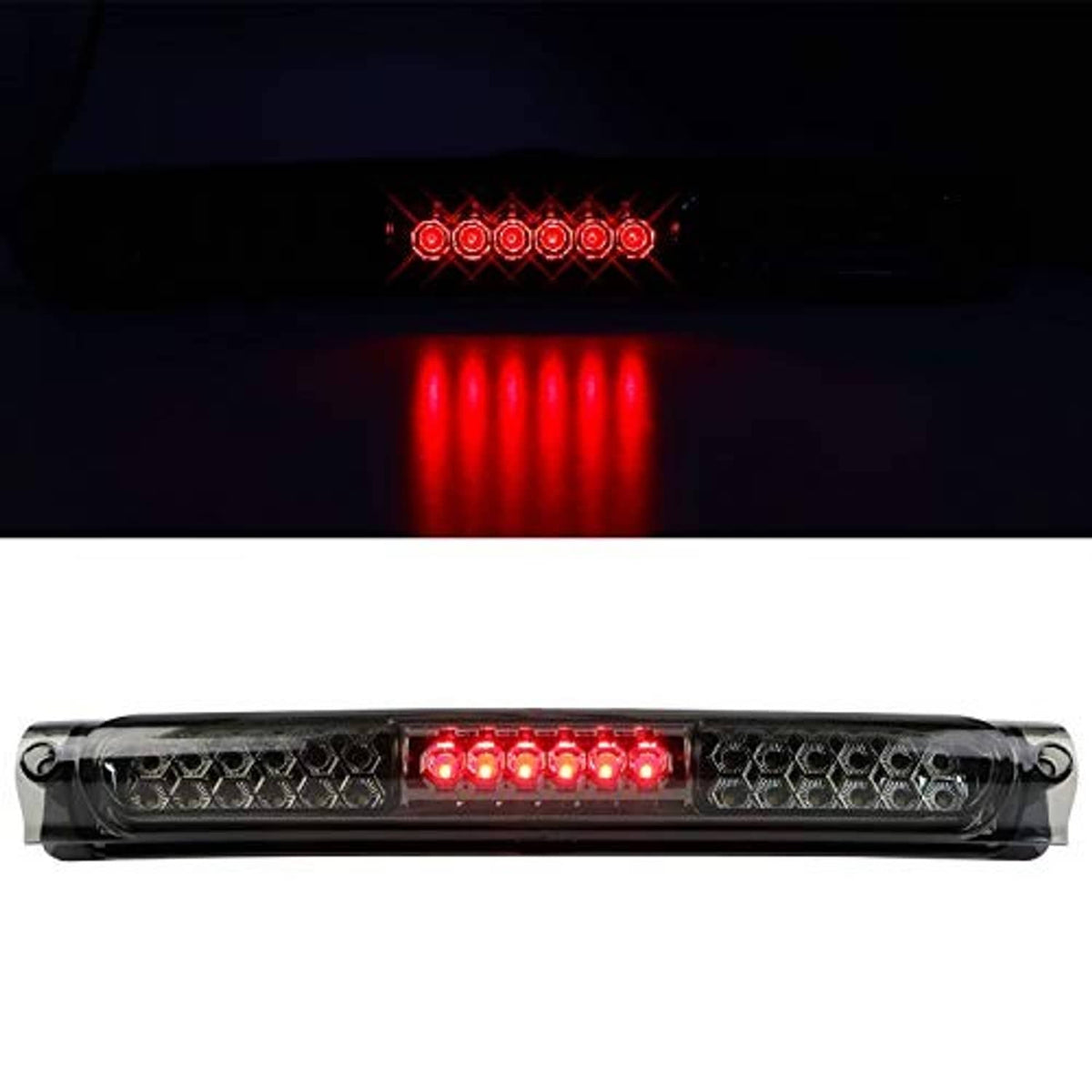 Brake LED light bar showing red illuminated center strip and reflective lens