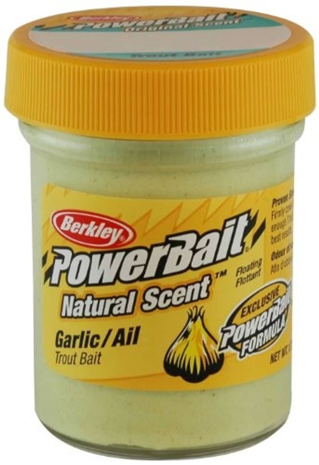Berkley PowerBait Natural Scent garlic ail trout bait jar with yellow lid