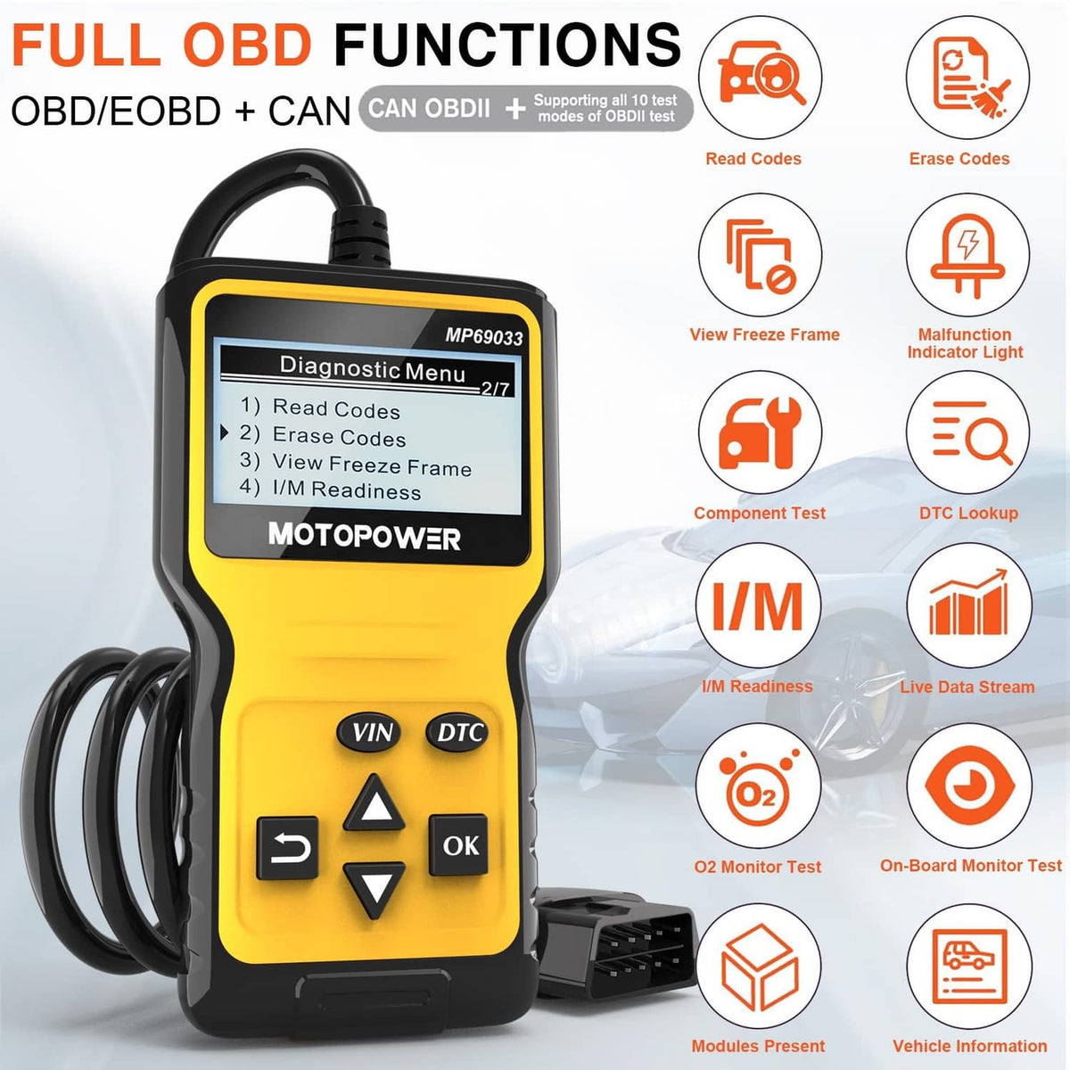 OBD2 code reader scanner showing diagnostic menu on screen with attached OBD cable