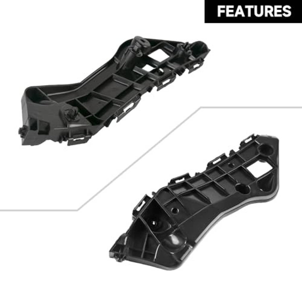 Set of two black front bumper bracket supports with oval openings and snap tabs
