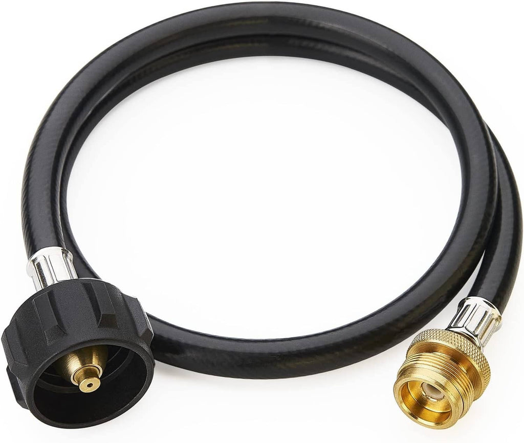 3 ft propane adapter hose with black rubber and brass connectors, 1 lb to 20 lb