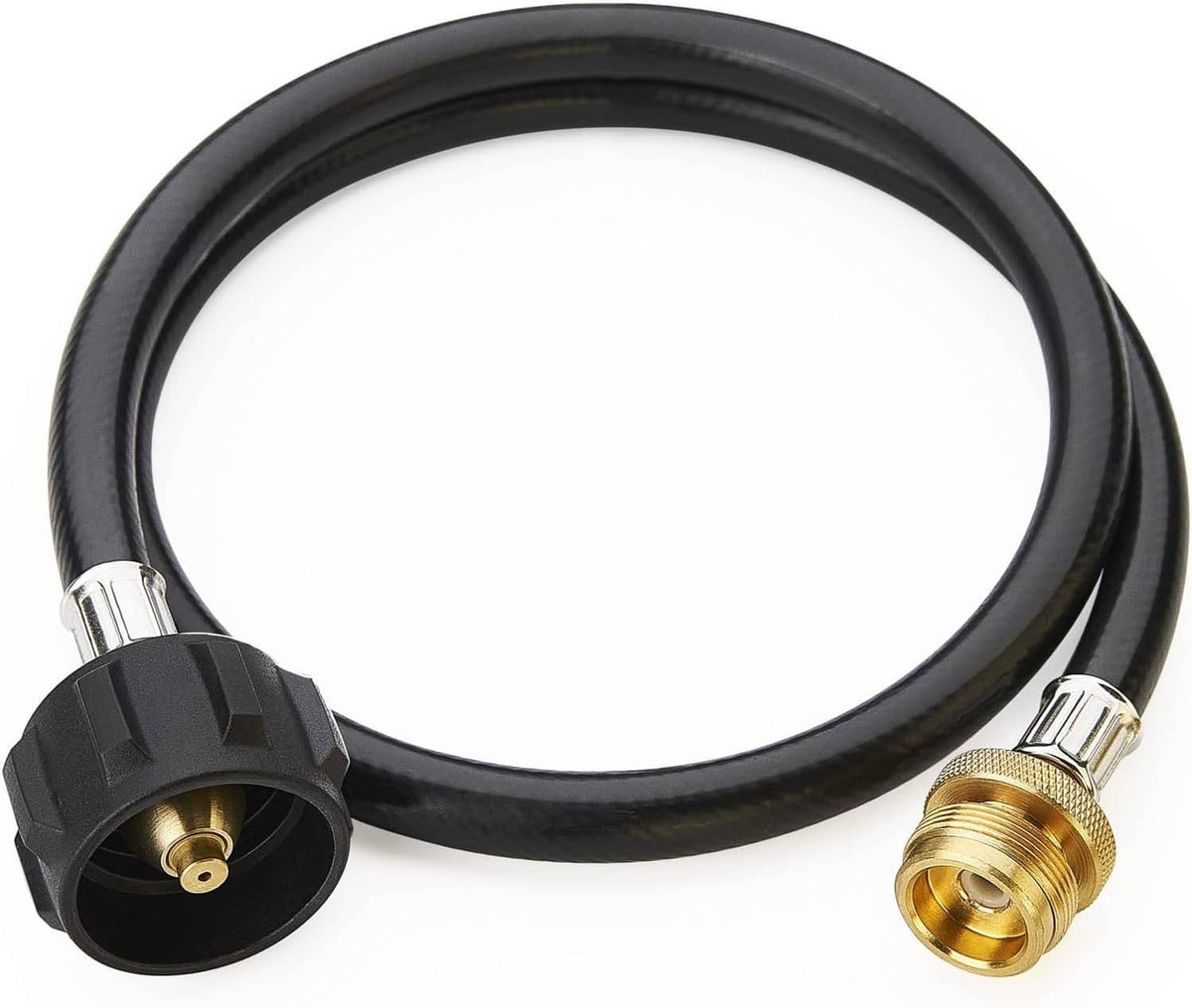 3 ft propane adapter hose with black rubber and brass connectors, 1 lb to 20 lb