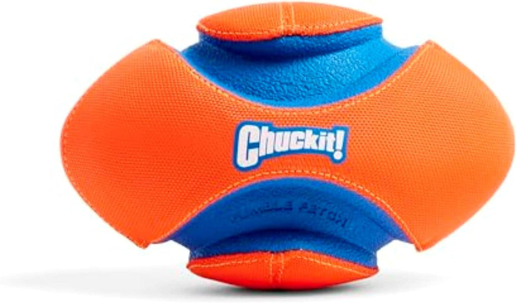 Orange and blue Chuckit! grooved dog football toy front view