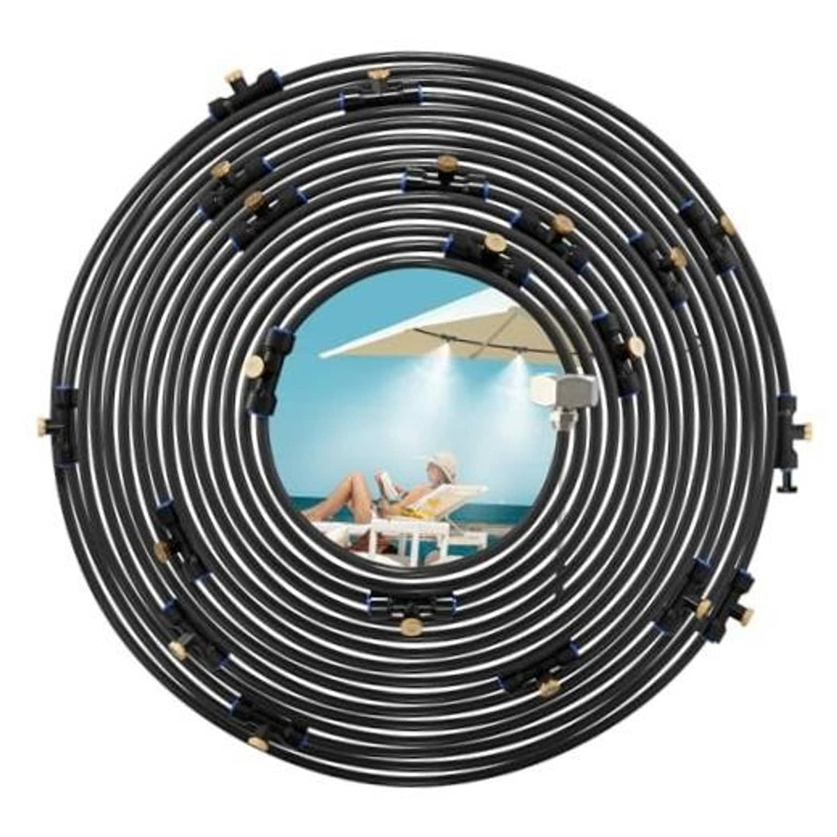 Misting cooling line with coiled black tubing and brass mist nozzles, 26 ft kit