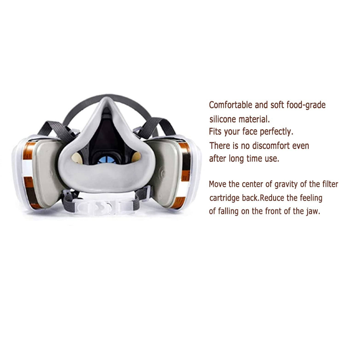 Half-face respirator with gray face seal and white filter cartridges on both sides