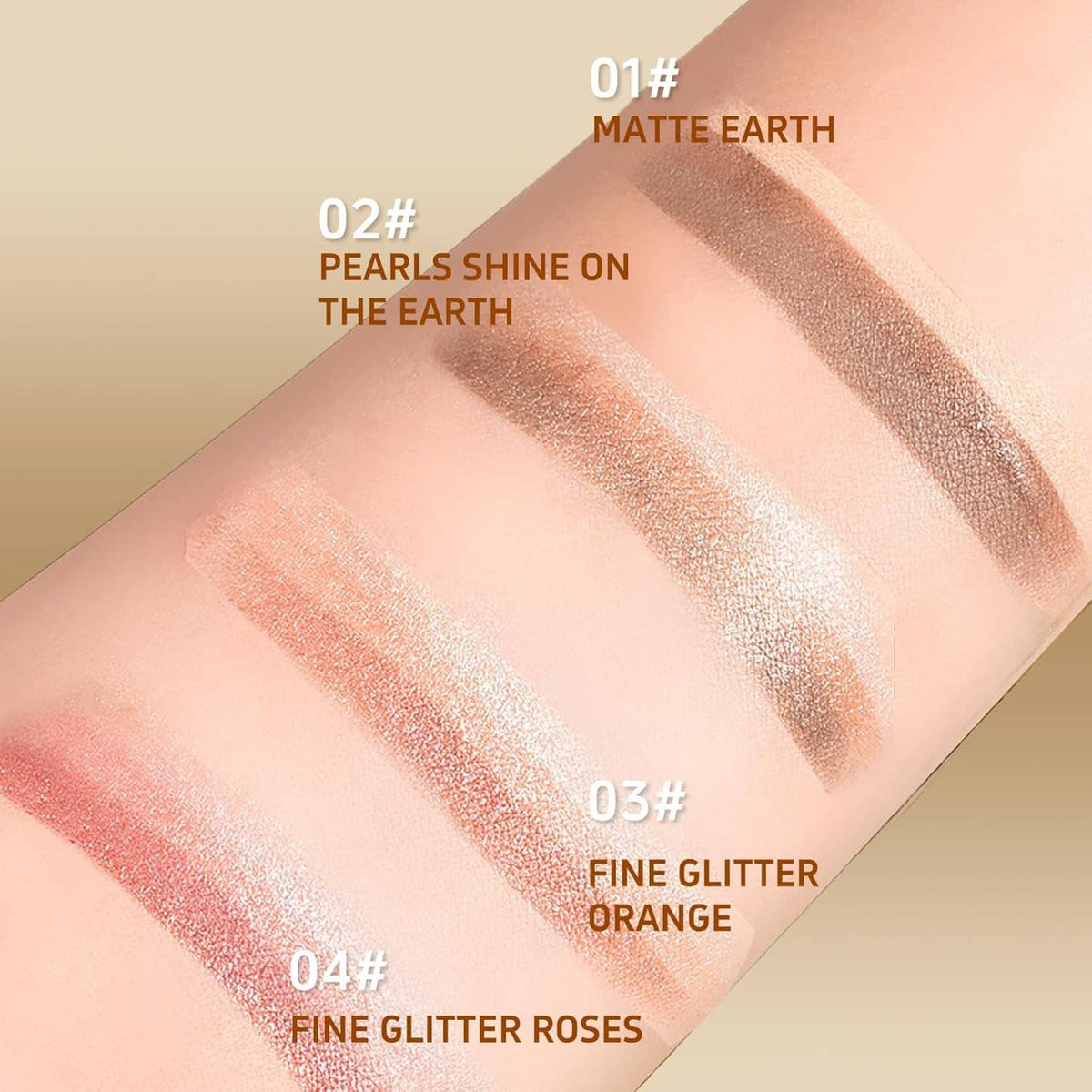 Three-color eyeshadow stick shade swatches in matte earth, pearl, and glitter orange