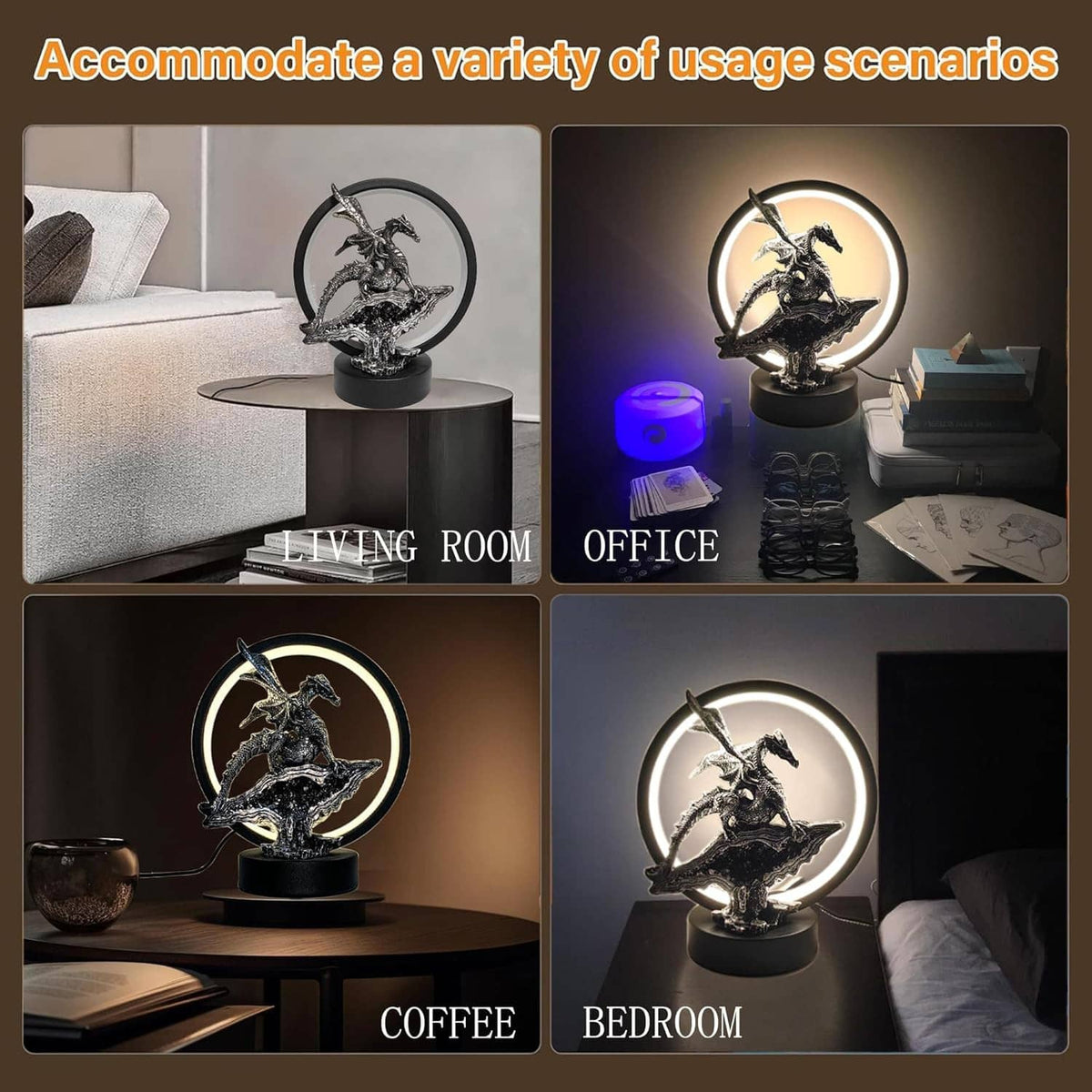 Dragon LED circle lamp with silver dragon statue, glowing ring halo, black round base