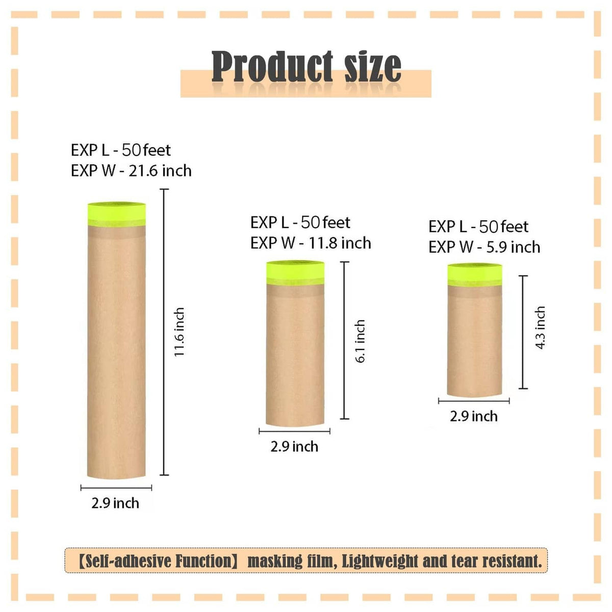 Masking tape and drape product size chart with brown rolls and neon green tape