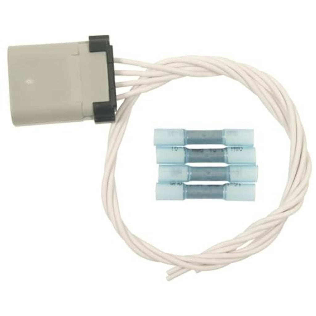 Pigtail wiring harness with white wires and gray connector housing plus blue terminal inserts
