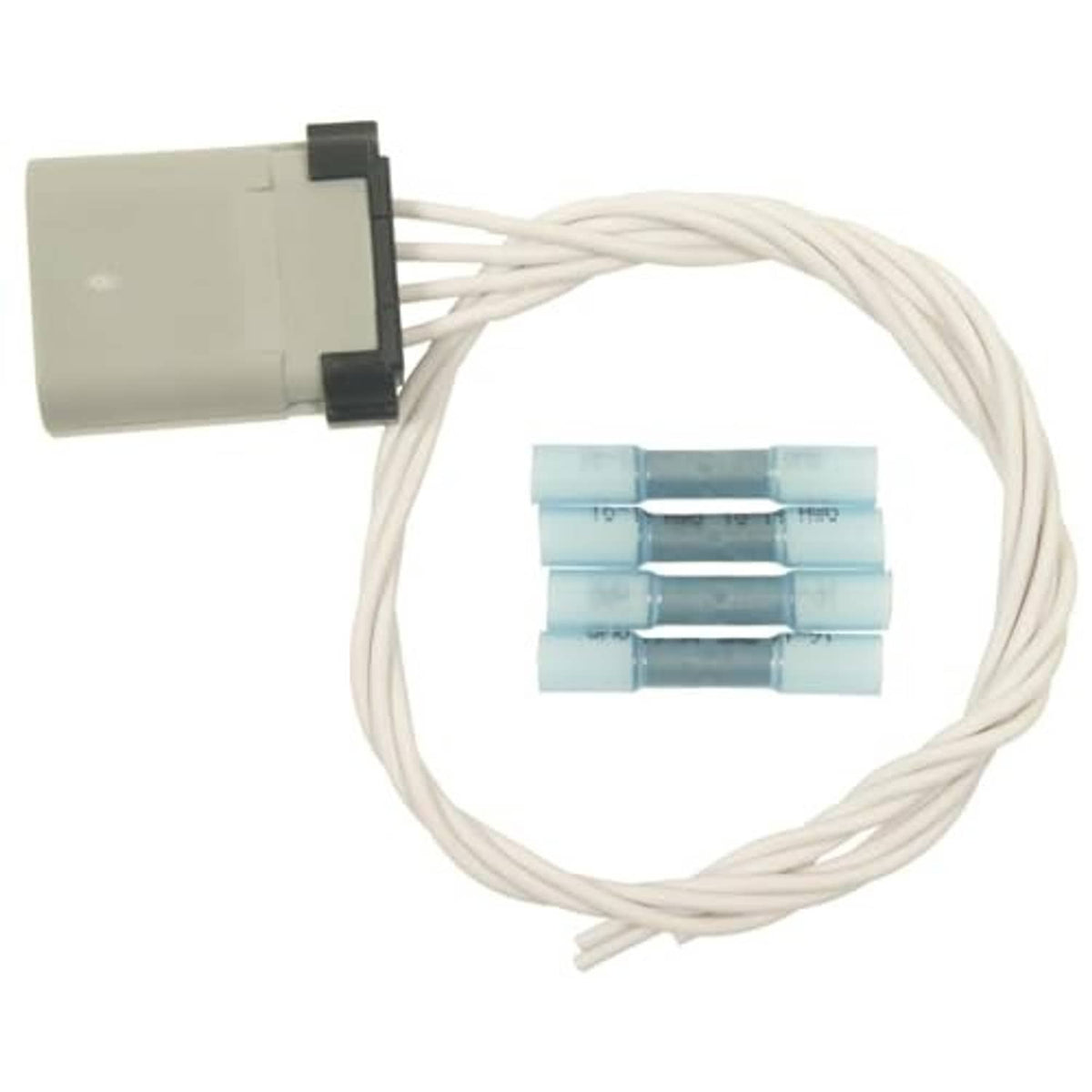 Pigtail wiring harness with white wires and gray connector housing plus blue terminal inserts