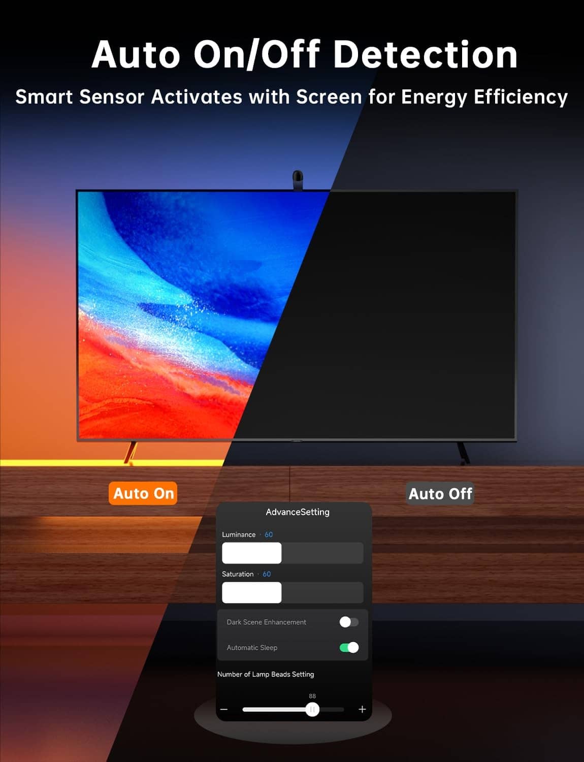 TV LED backlight auto on/off detection using screen sensor for energy efficiency
