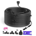 Outdoor misting cooling system hose coil with black nozzles and fittings