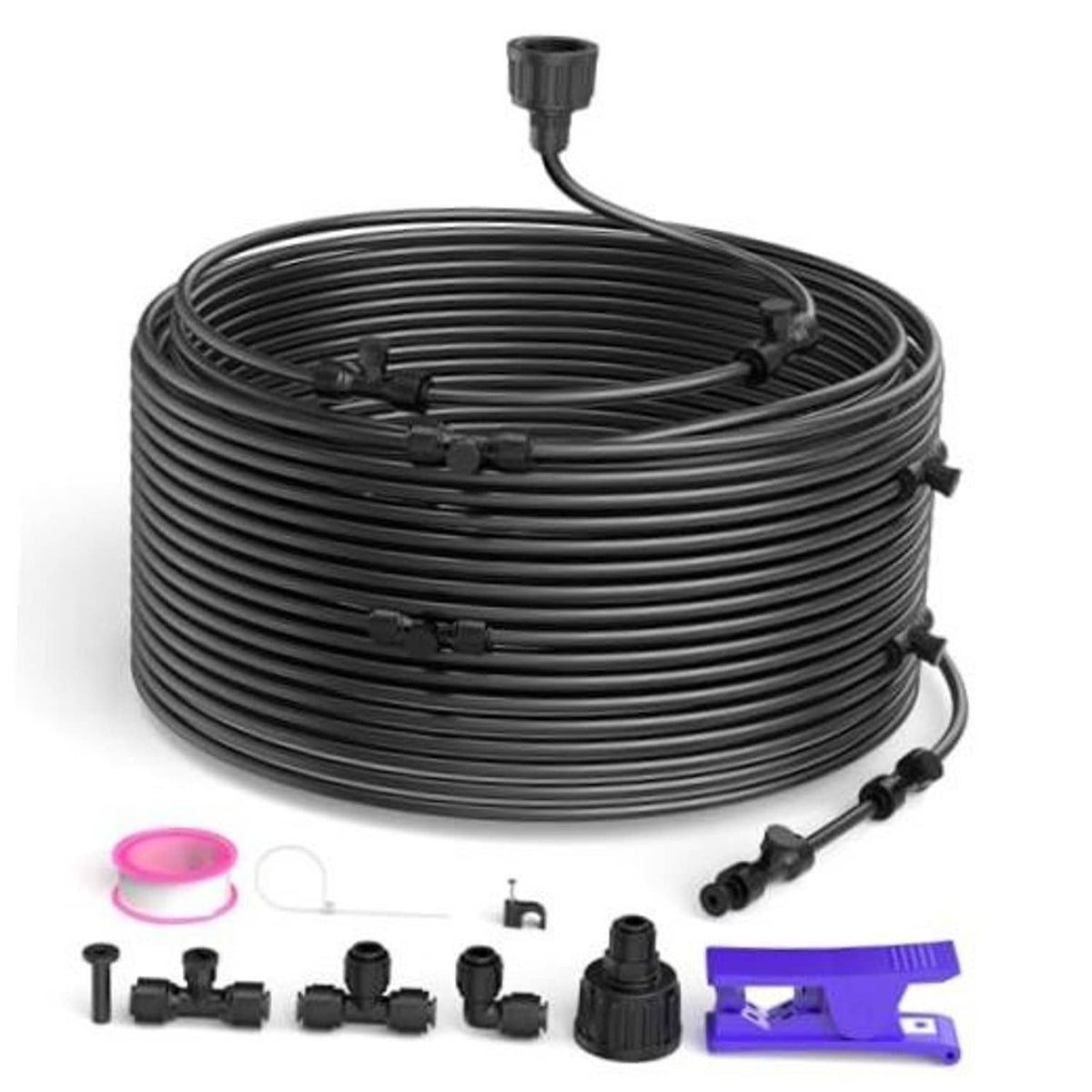 Outdoor misting cooling system hose coil with black nozzles and fittings