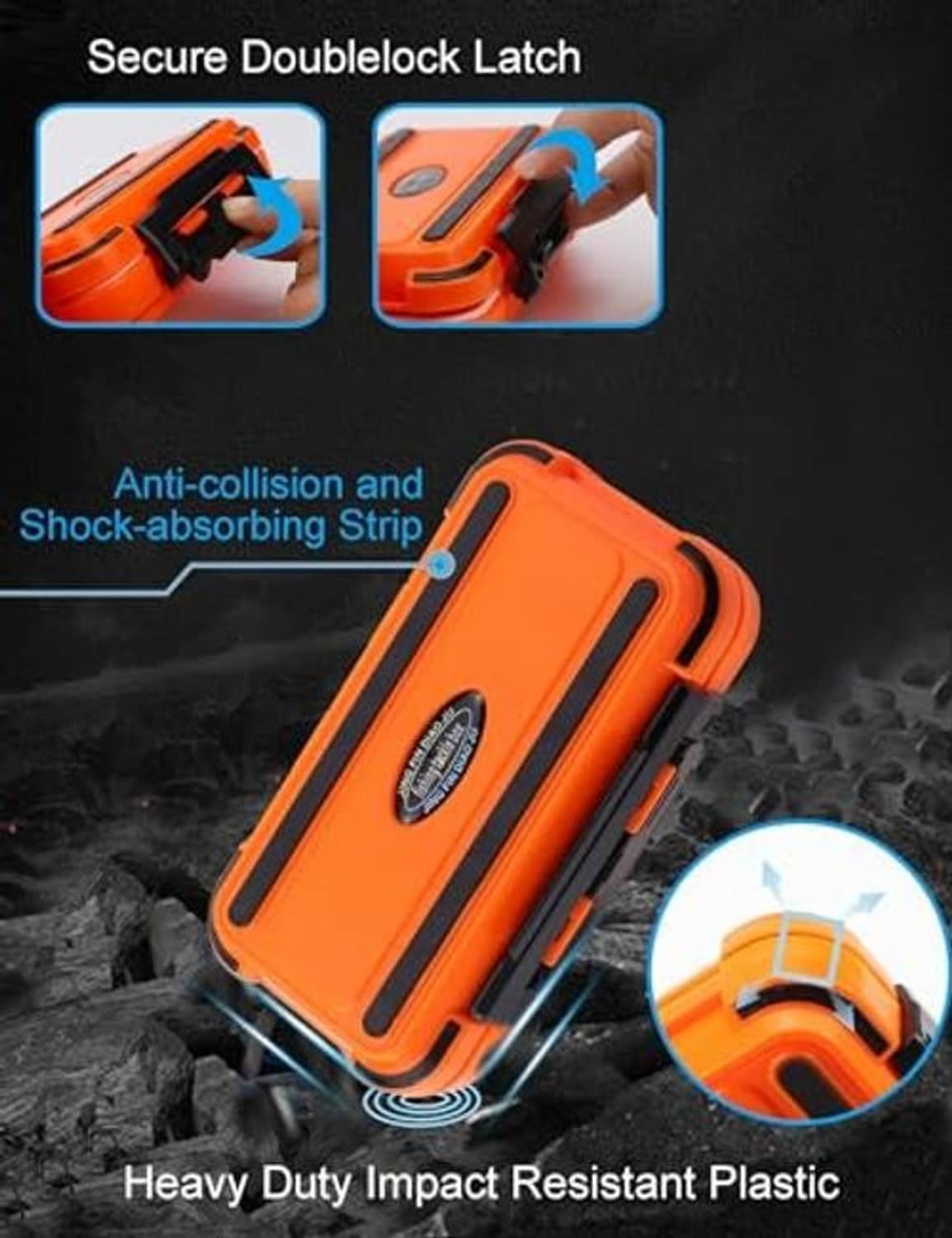 Orange waterproof tackle box with secure latch and shock-absorbing strap detailing