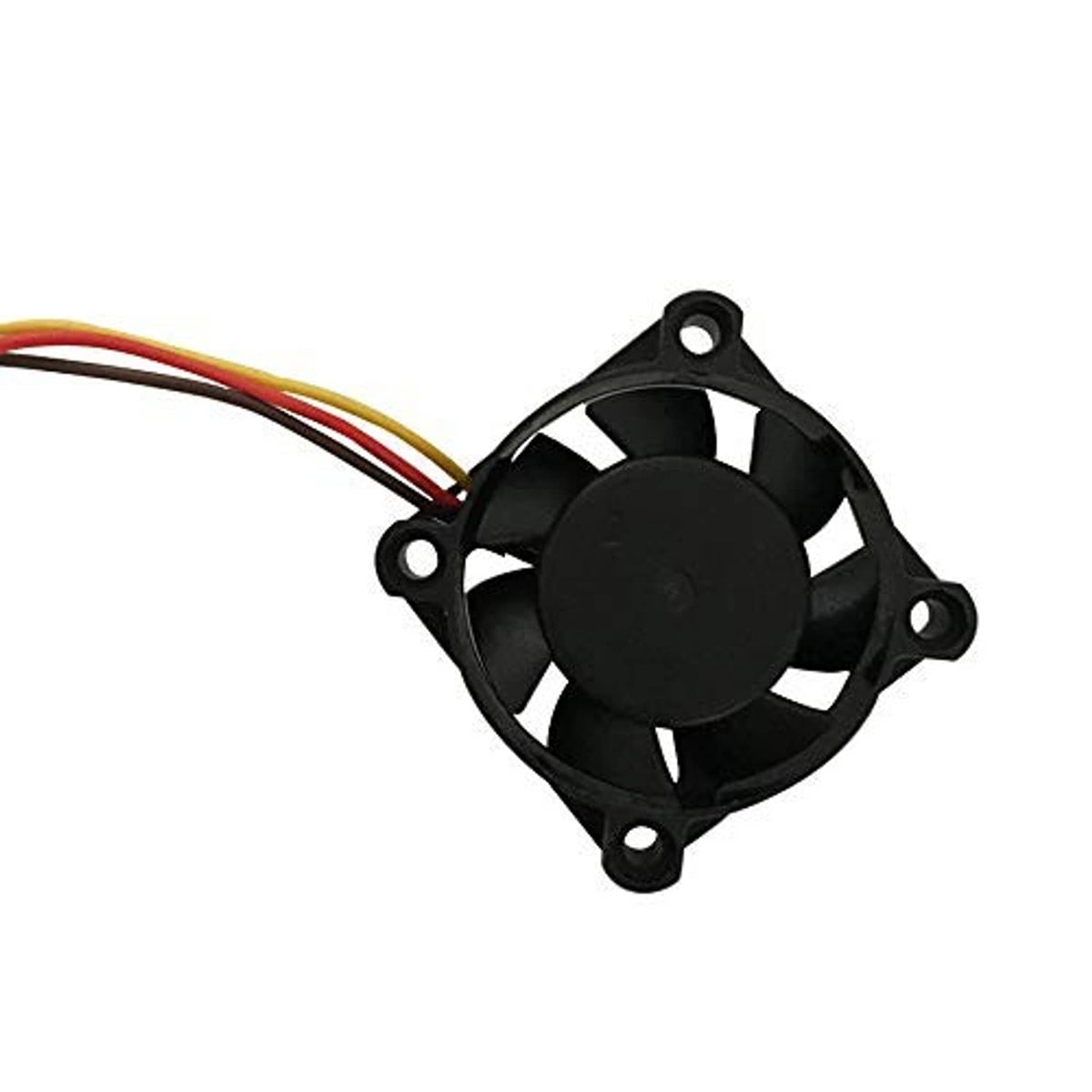 Compact black DC cooling fan with circular blades and attached multicolor power wires