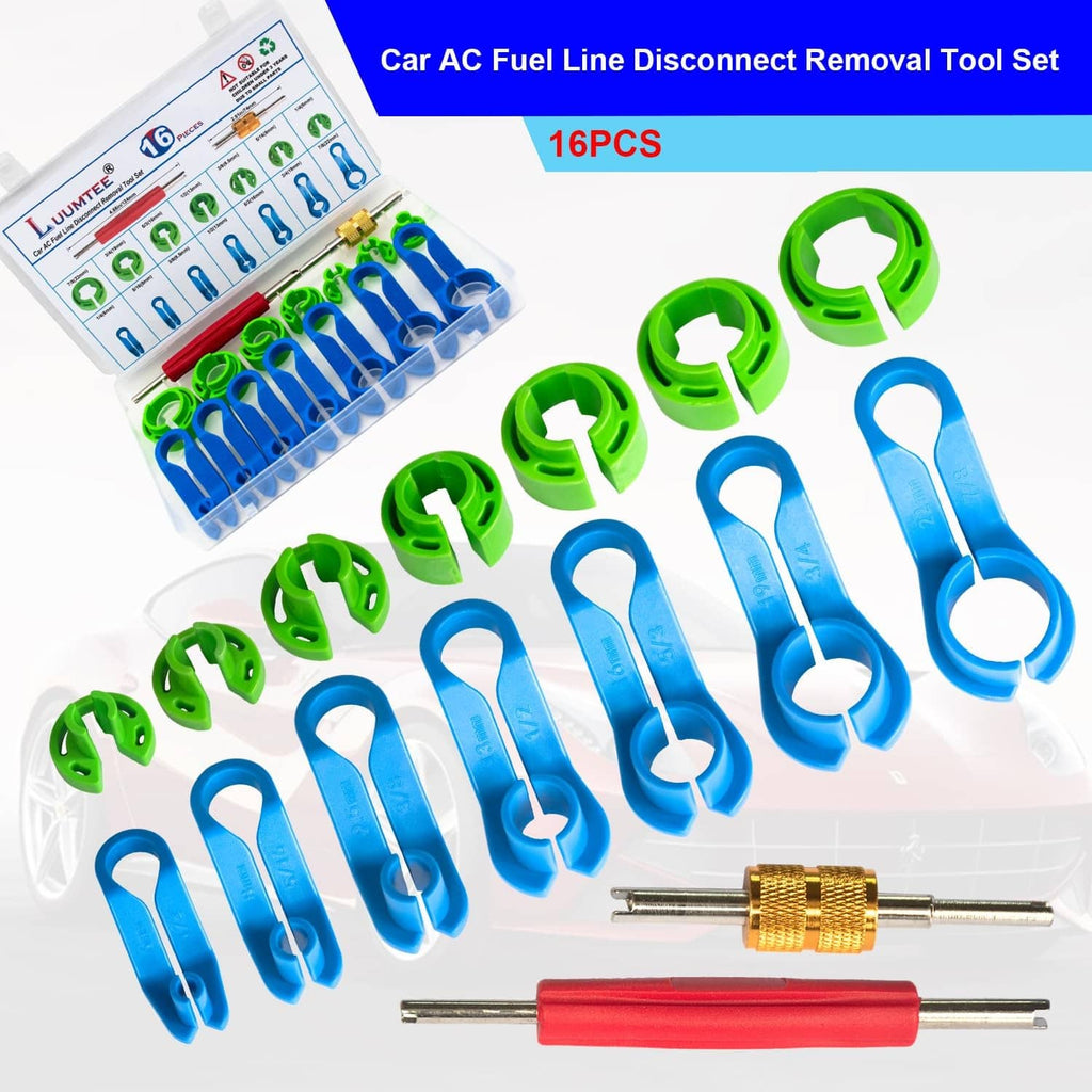 A/C line disconnect tool set with blue and green release tools and brass connector tool
