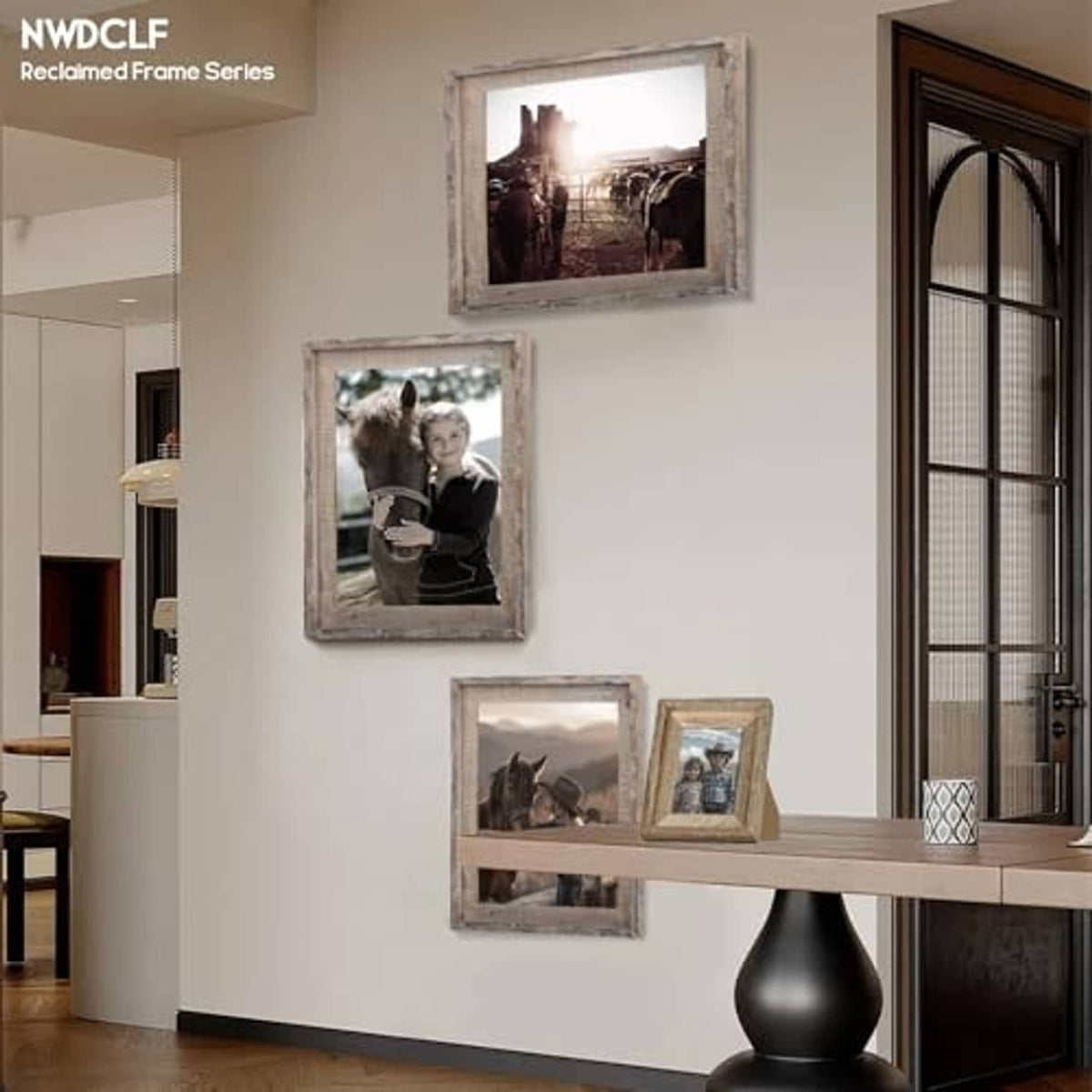 Reclaimed barnwood picture frame on wall shelf, real-glass front