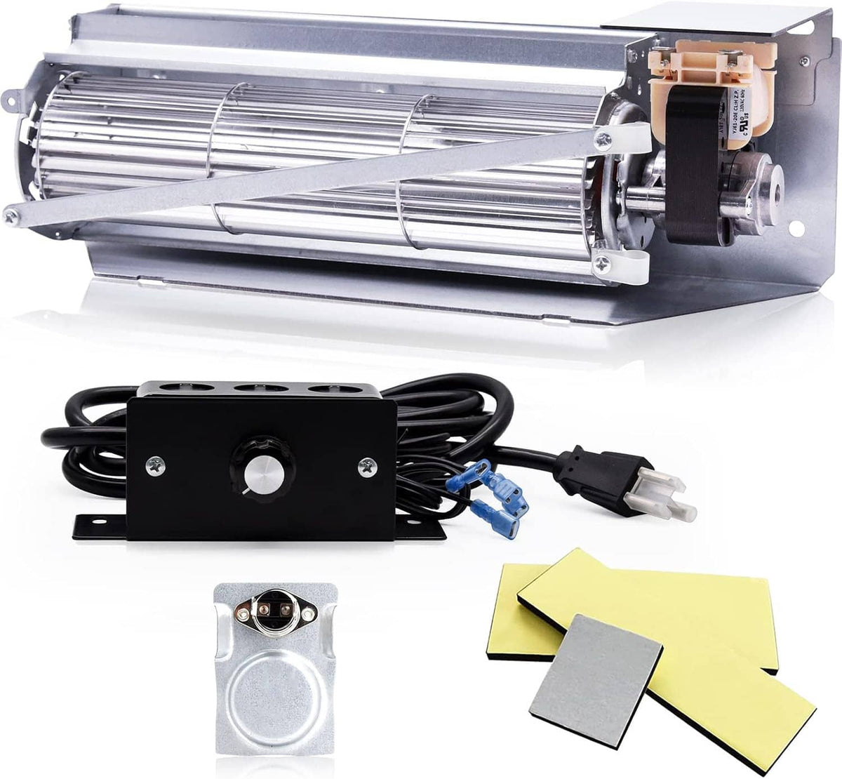 Fireplace blower kit bundle: fan assembly, black controller, 3-prong cord, mounting plate
