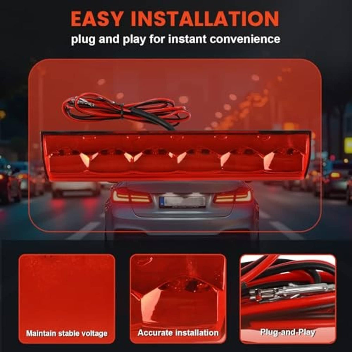 Red recessed LED third brake light bar with plug-and-play style wiring lead
