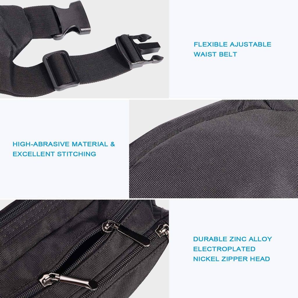 Black adjustable waist belt with buckle on waist pack, stitched fabric and zipper details