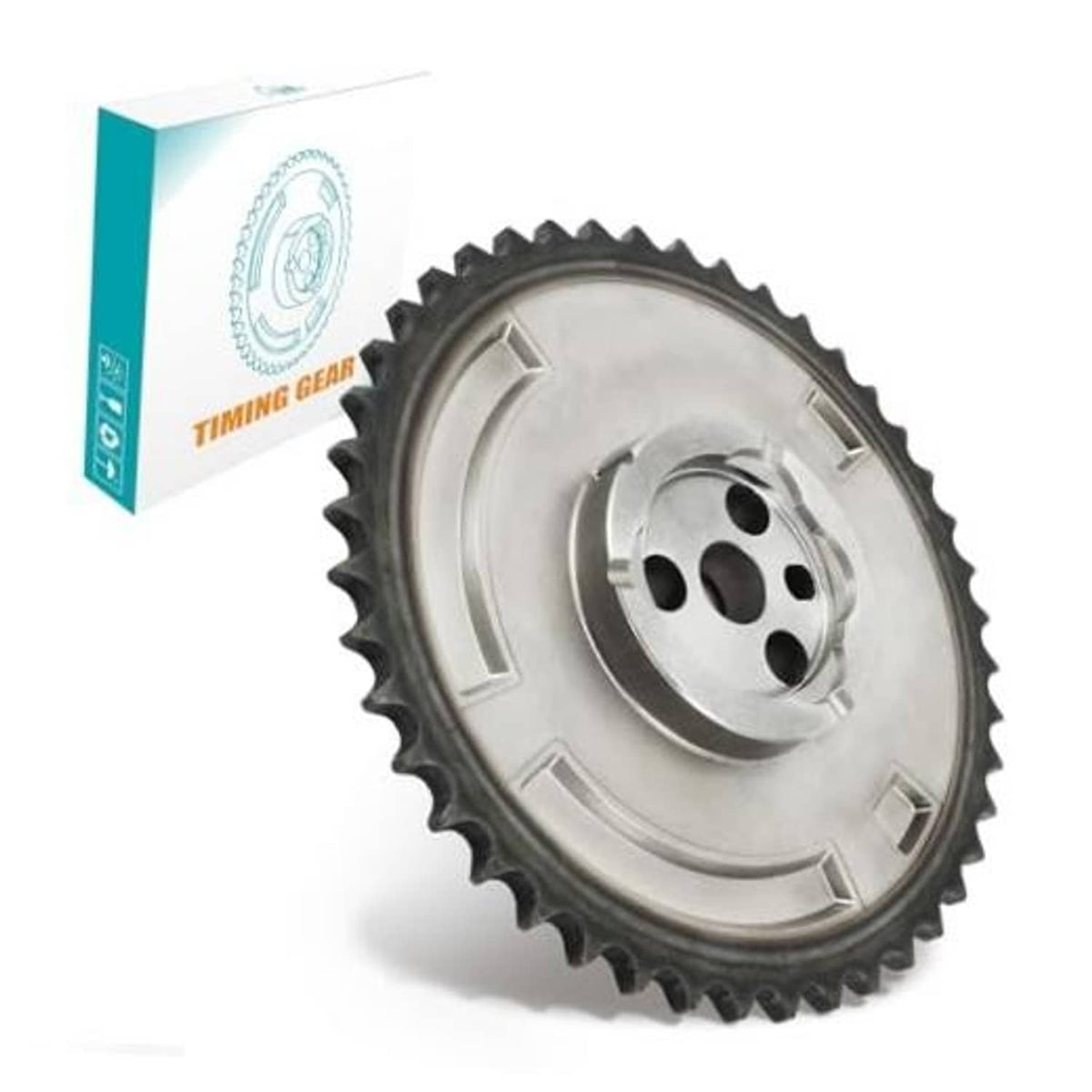 Metal engine timing camshaft sprocket gear with three-bolt center and toothed rim