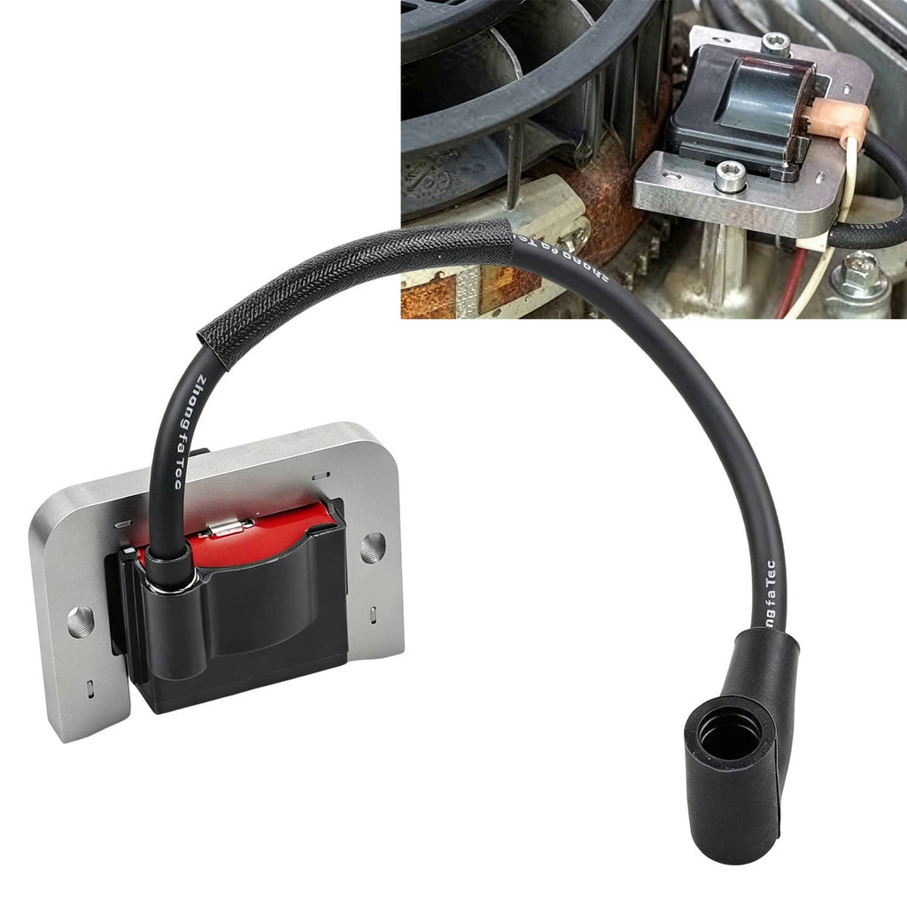 Ignition module with black cable and metal mounting plate, shown next to engine parts