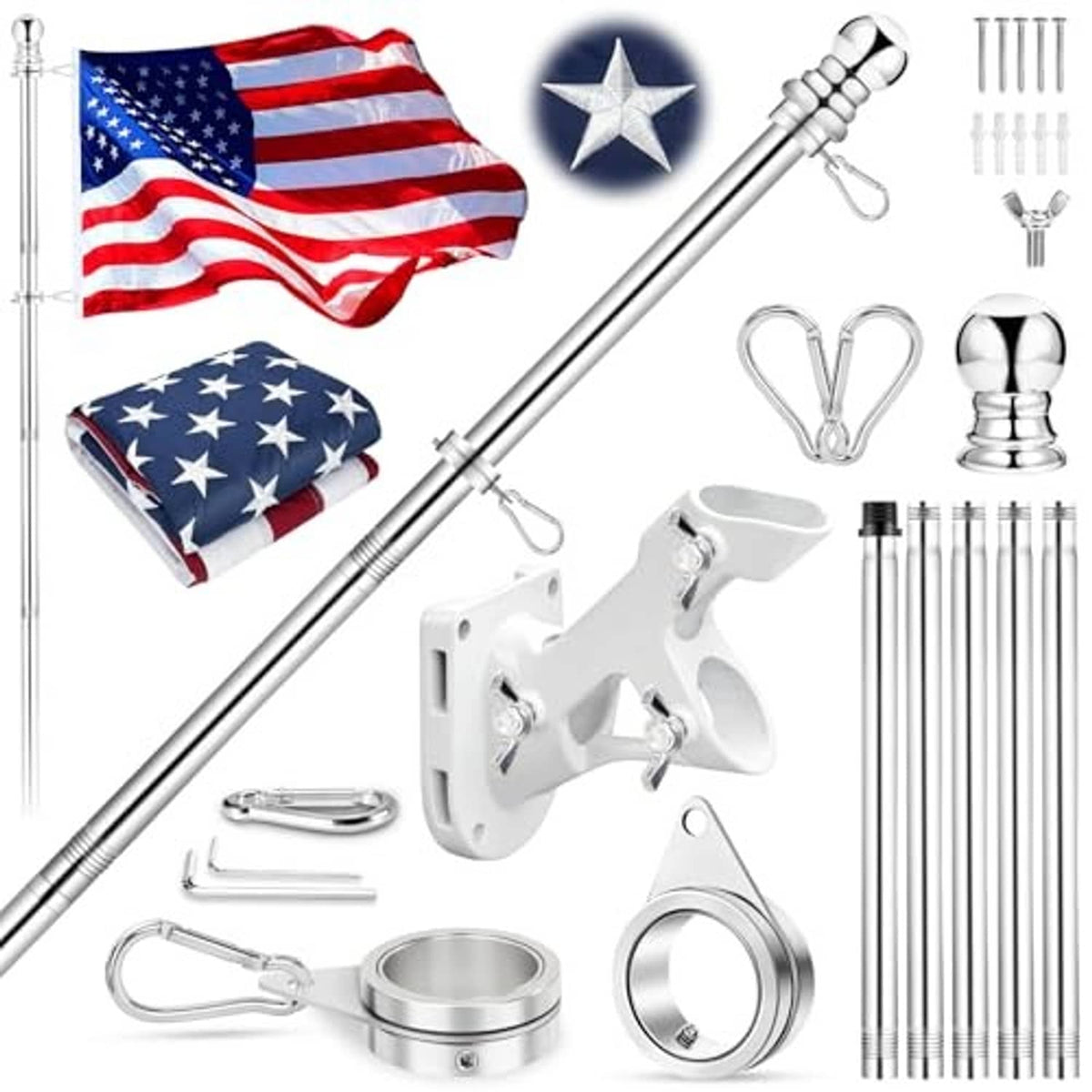 American flag and metal flagpole kit with pole, grommets, finial ball, and bracket