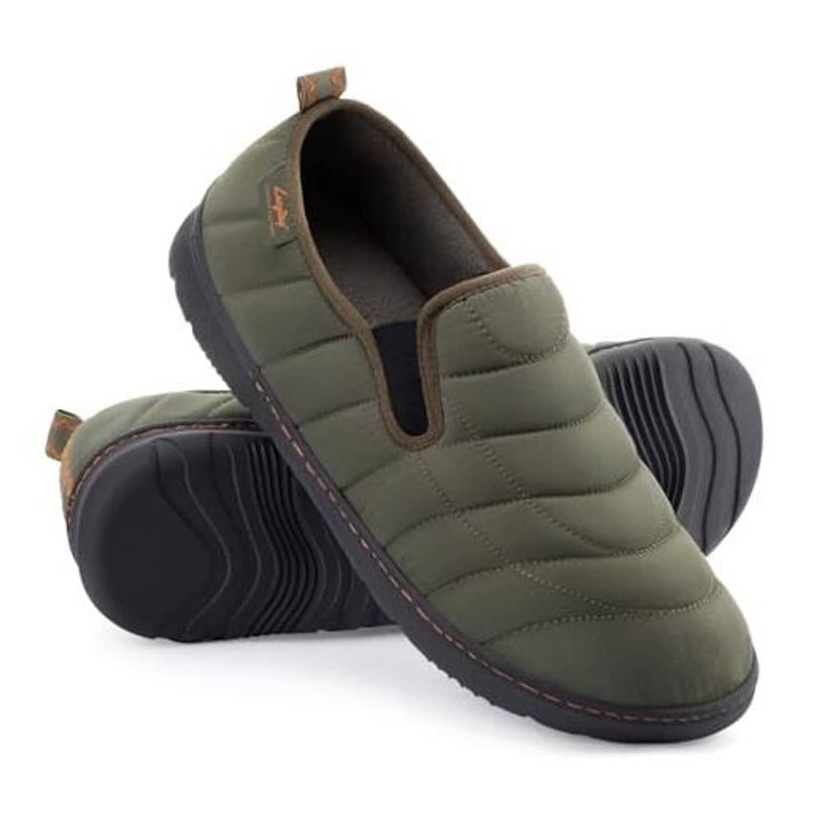 Men's army green slip-on loafer slippers, quilted padded upper, grippy outsole