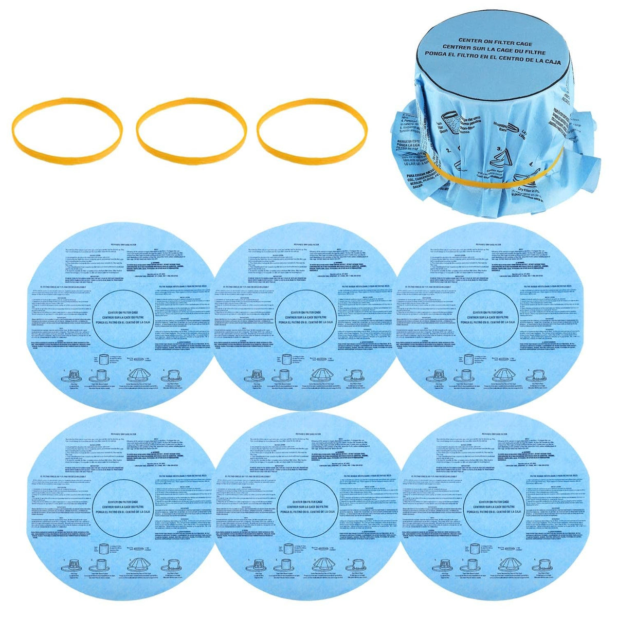 Blue wet/dry vacuum filter discs with three yellow retaining bands set