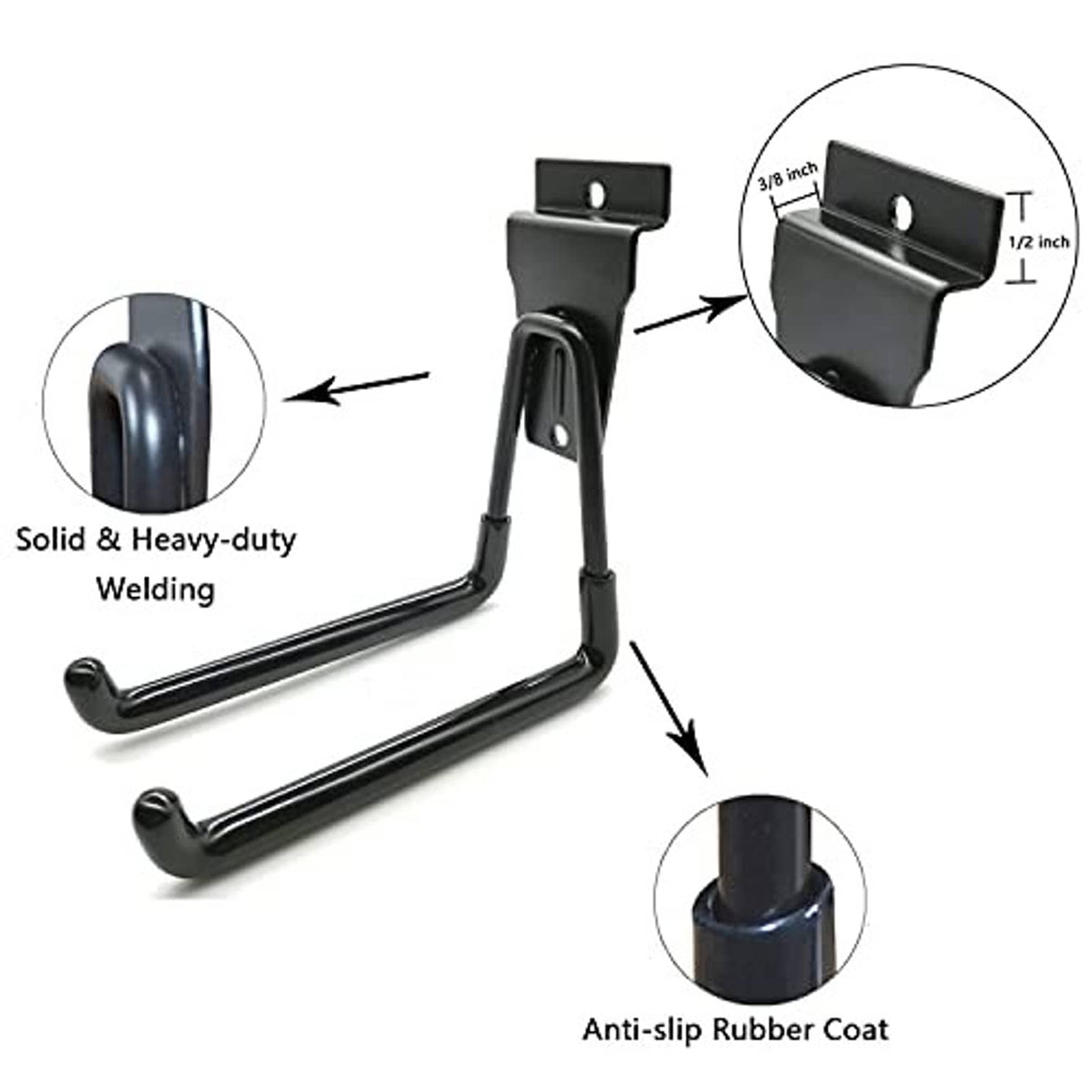 Black heavy-duty slatwall medium U hook with anti-slip rubber-coated surface