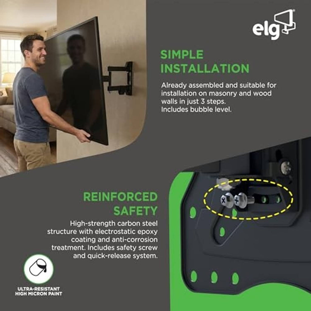 TV wall mount graphic with reinforced mounting hardware detail on black bracket