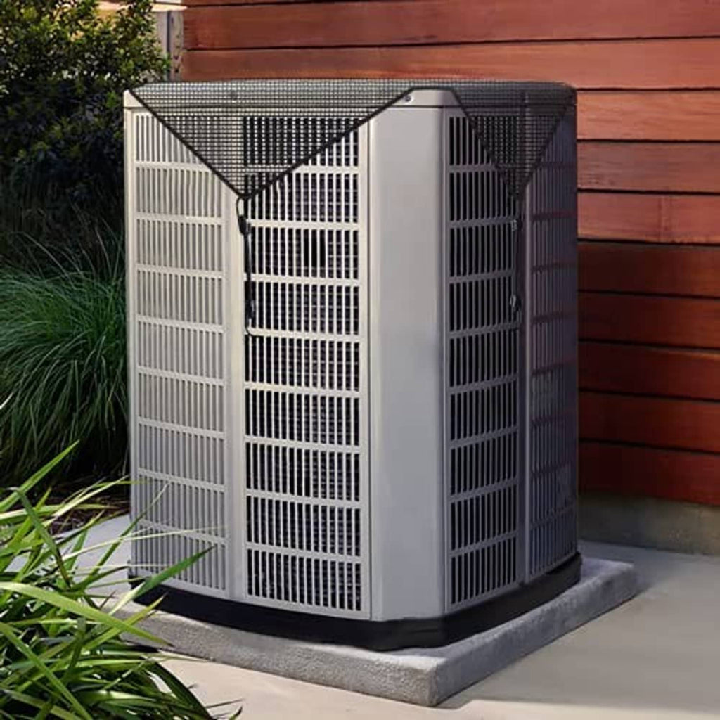 Outdoor AC unit cover with dark mesh sides and bungee cord tie points