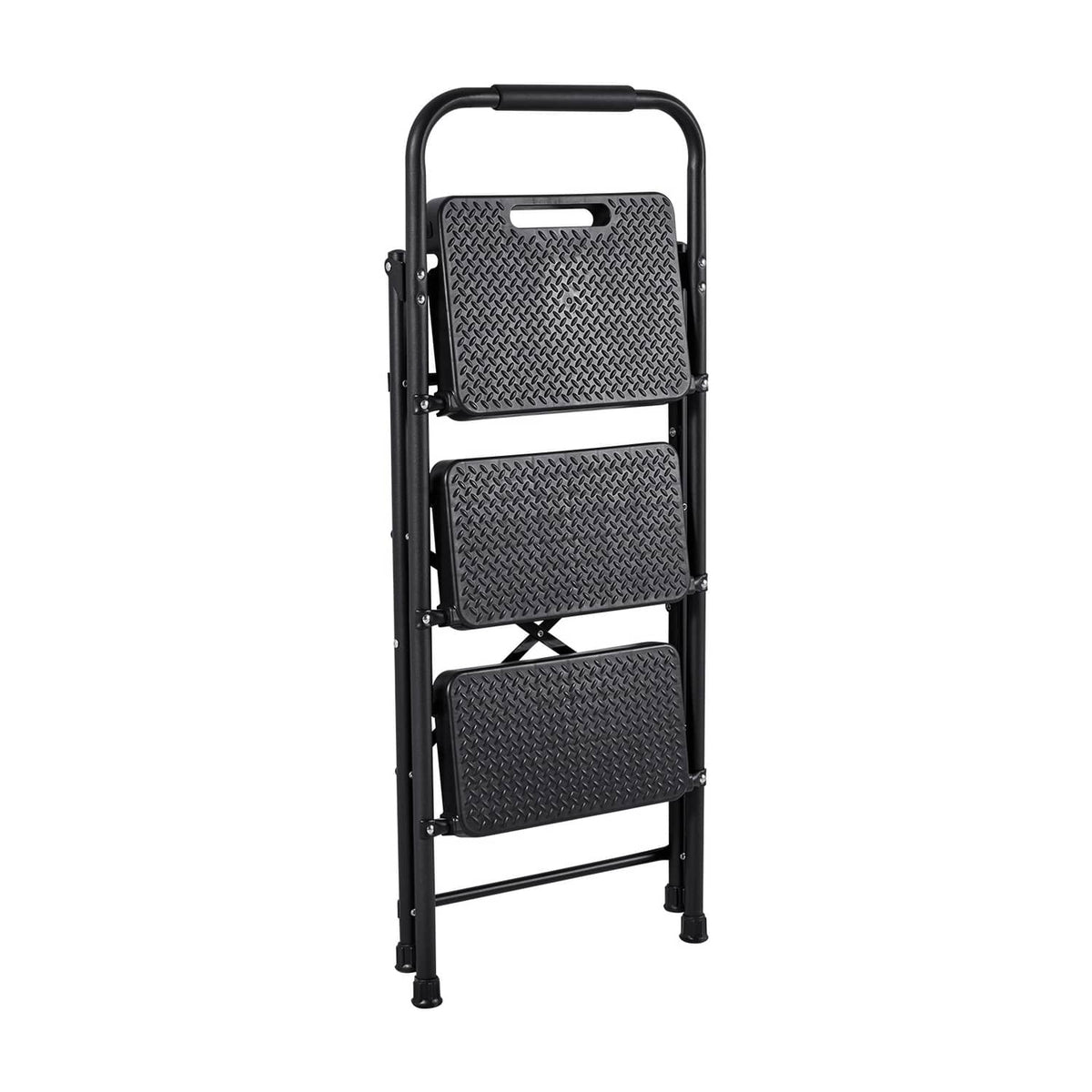 Front view of black 3-step steel folding ladder with wide textured step treads