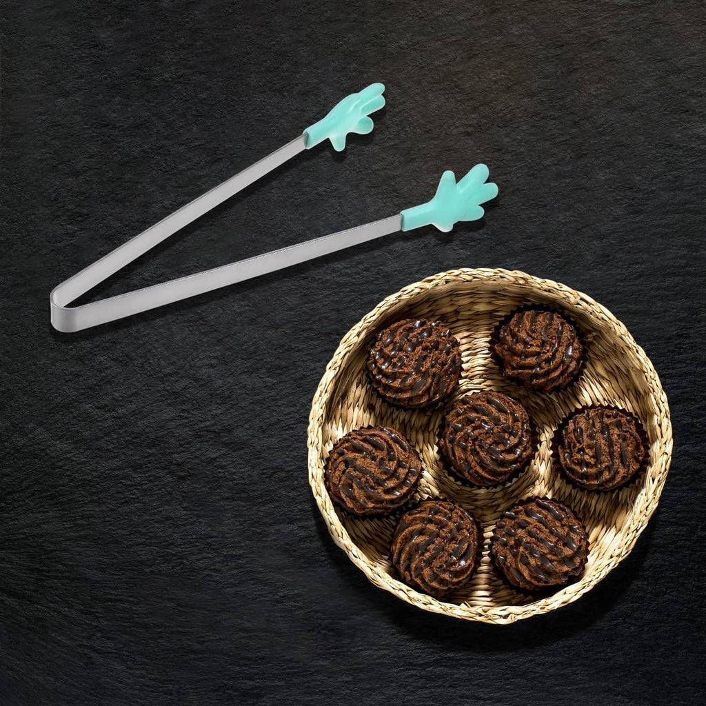 Mini stainless steel tongs with turquoise silicone tips picking up small pastries