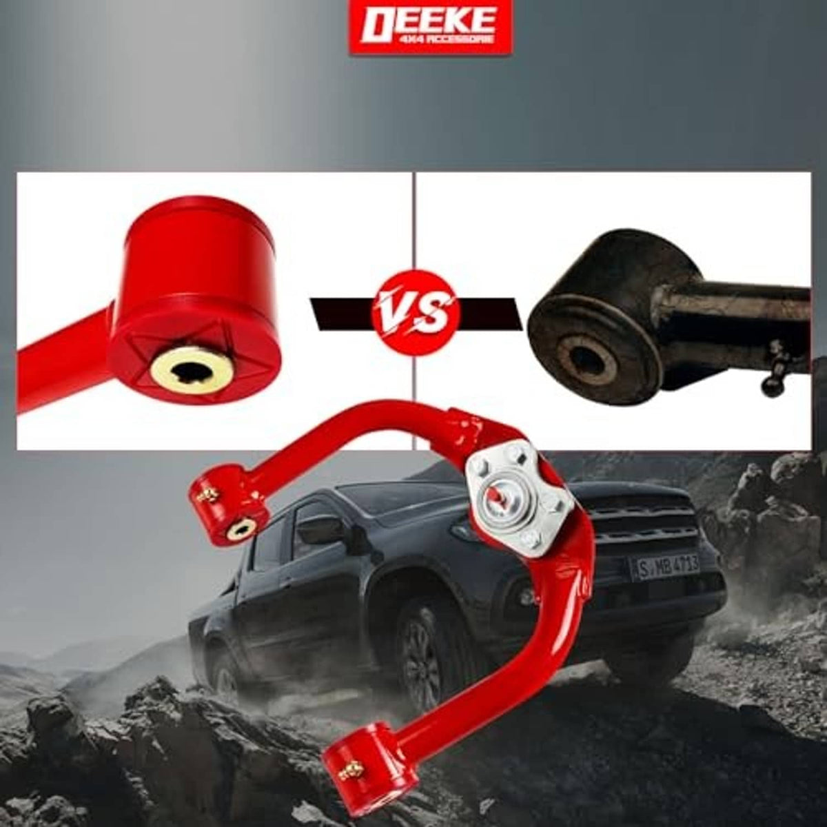 Red upper control arm bushing and ball joint with VS comparison detail
