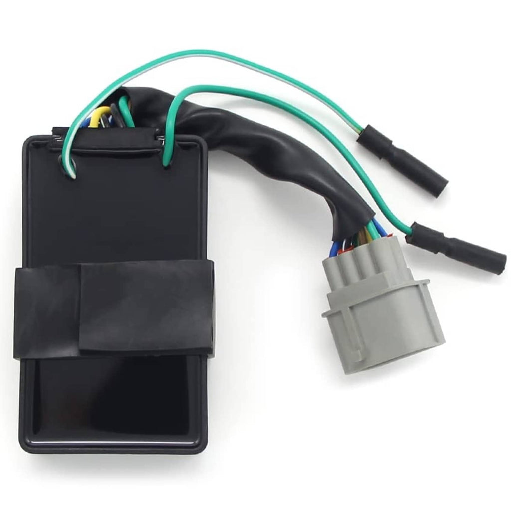 CDI ignition control module with black top and bottom cases, green wiring, gray plugs.