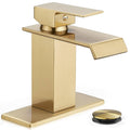 Gold single-handle bathroom faucet with wide waterfall spout and square base
