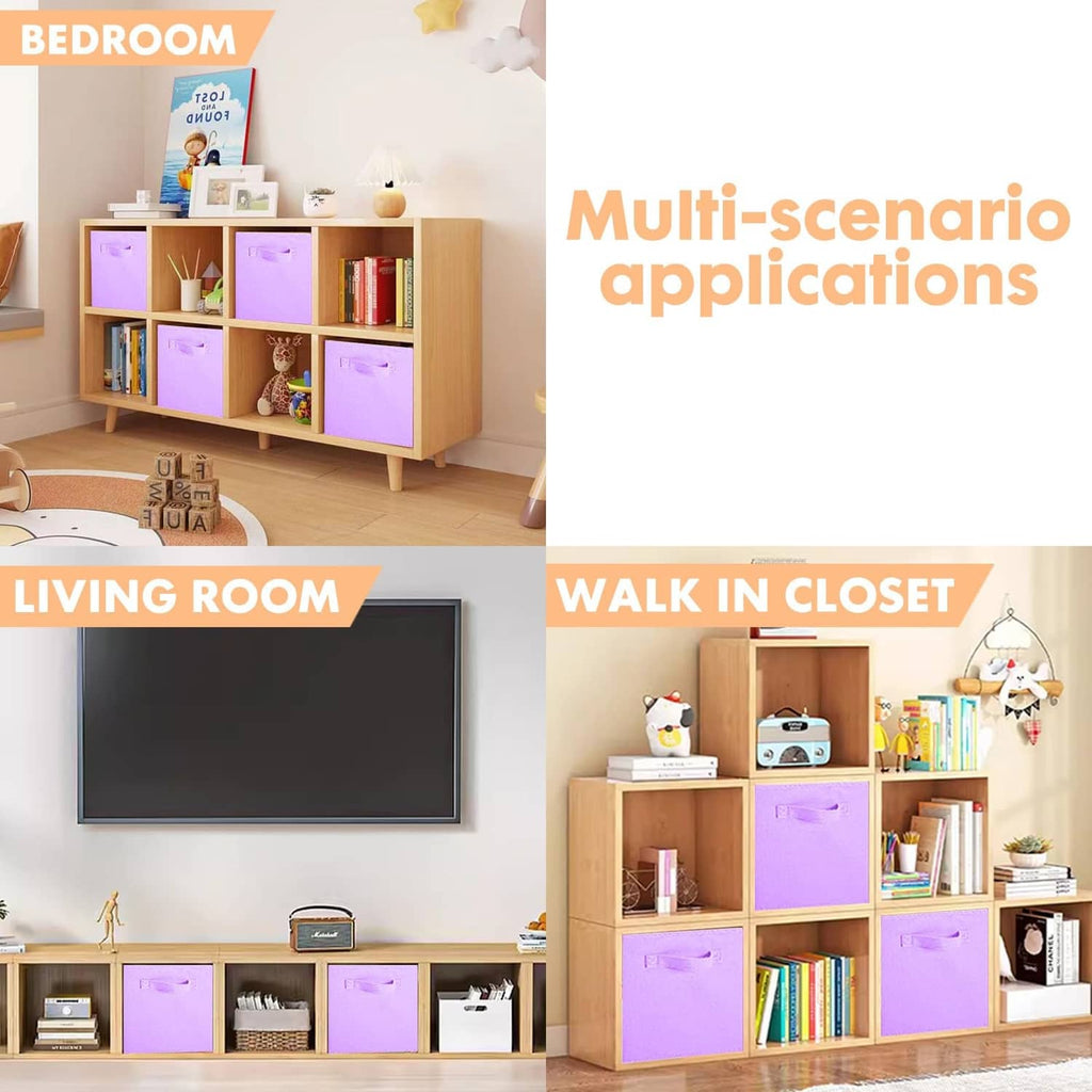 Lavender storage cube bins with front handles on open shelving for books and toys