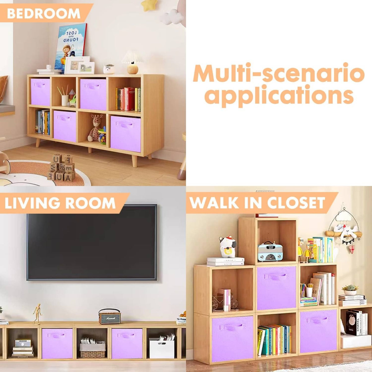 Lavender storage cube bins with front handles on open shelving for books and toys