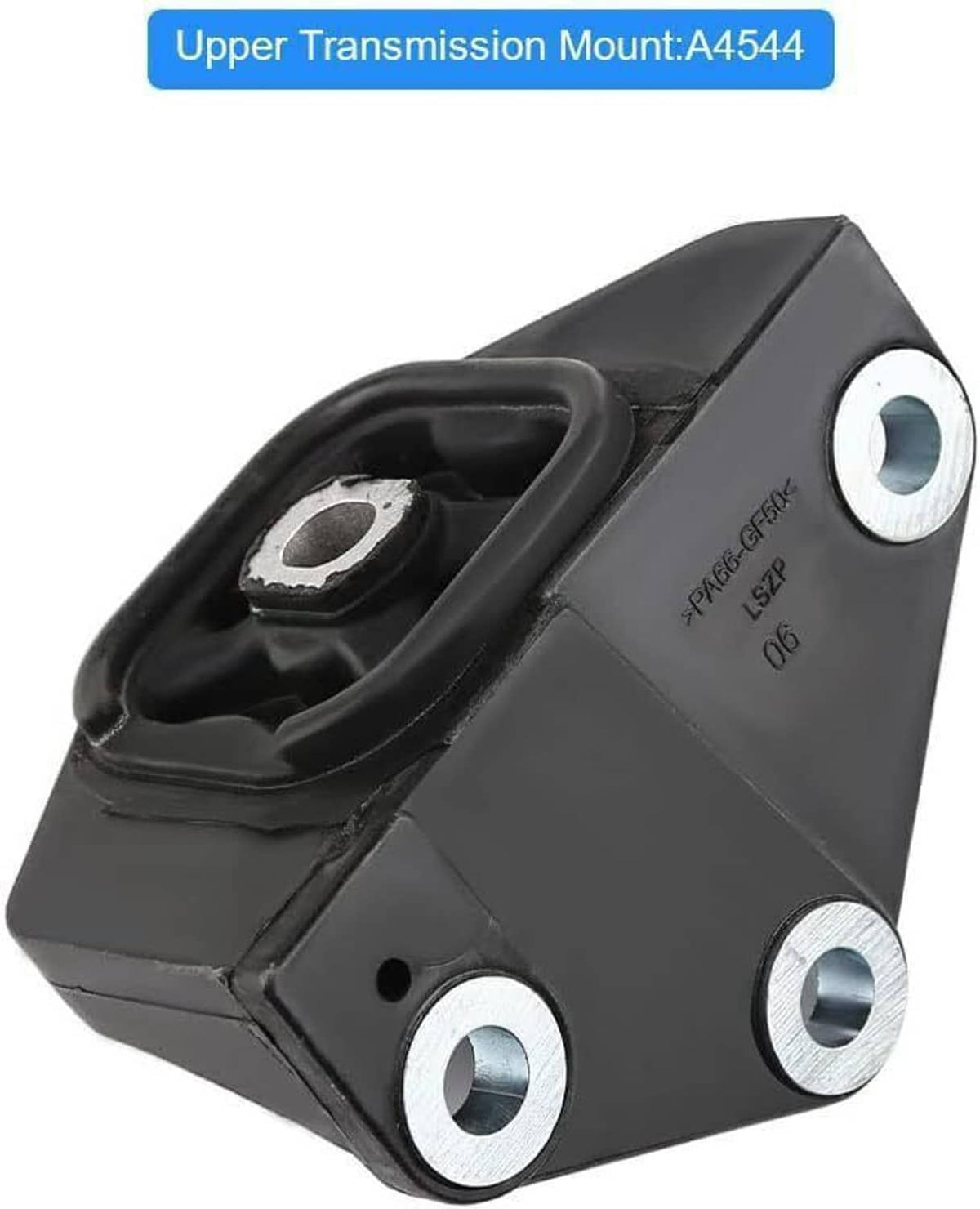 Black upper transmission mount bracket with metal plate and circular rubber bushing