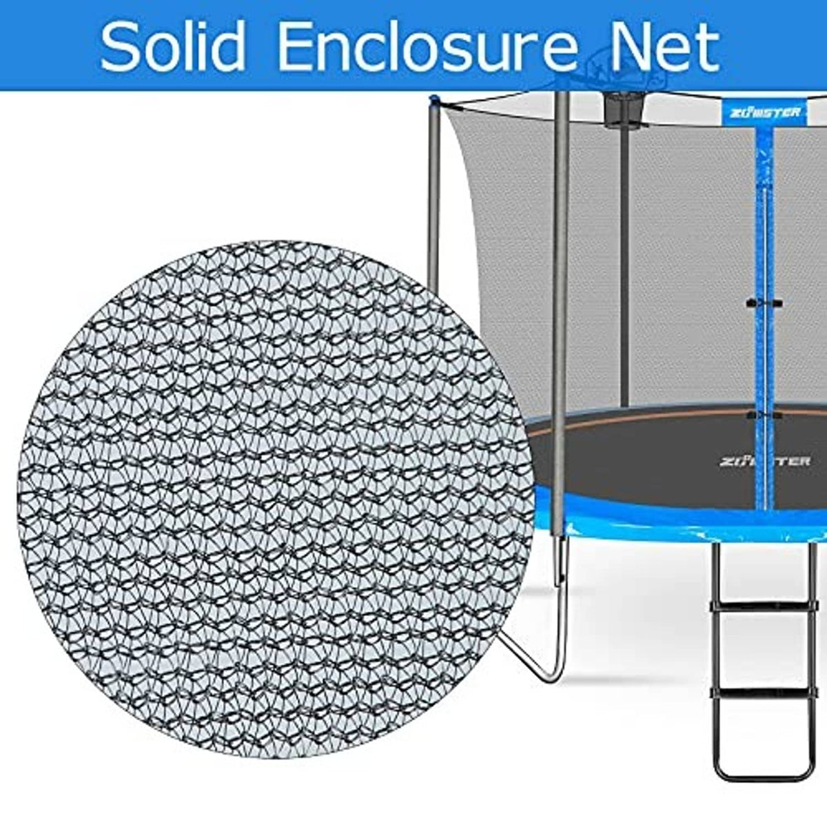 Solid trampoline enclosure net with grey mesh pattern and blue support stripe