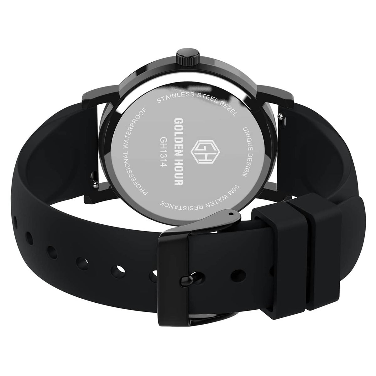 Black nurse watch back view with clasp buckle and silicone strap with ventilation holes